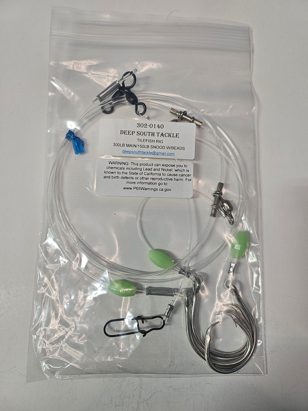 3-Hook Tilefish Rig - 300lb Main Line - 150lb Snoods - Luminous Beads - 14/0 Circle Hooks