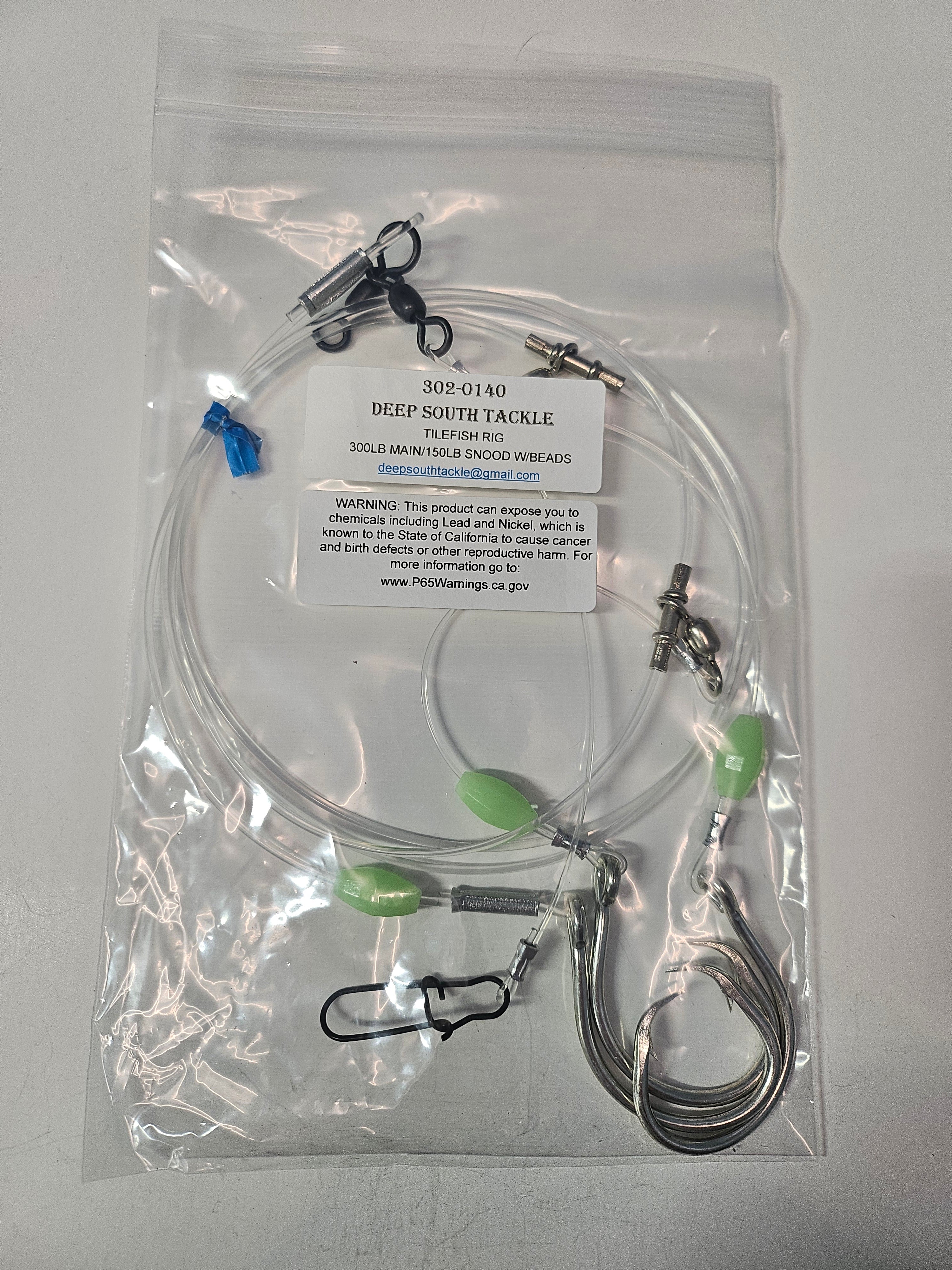 3-Hook Tilefish Rig - 300lb Main Line - 150lb Snoods - Luminous Beads - 14/0 Circle Hooks