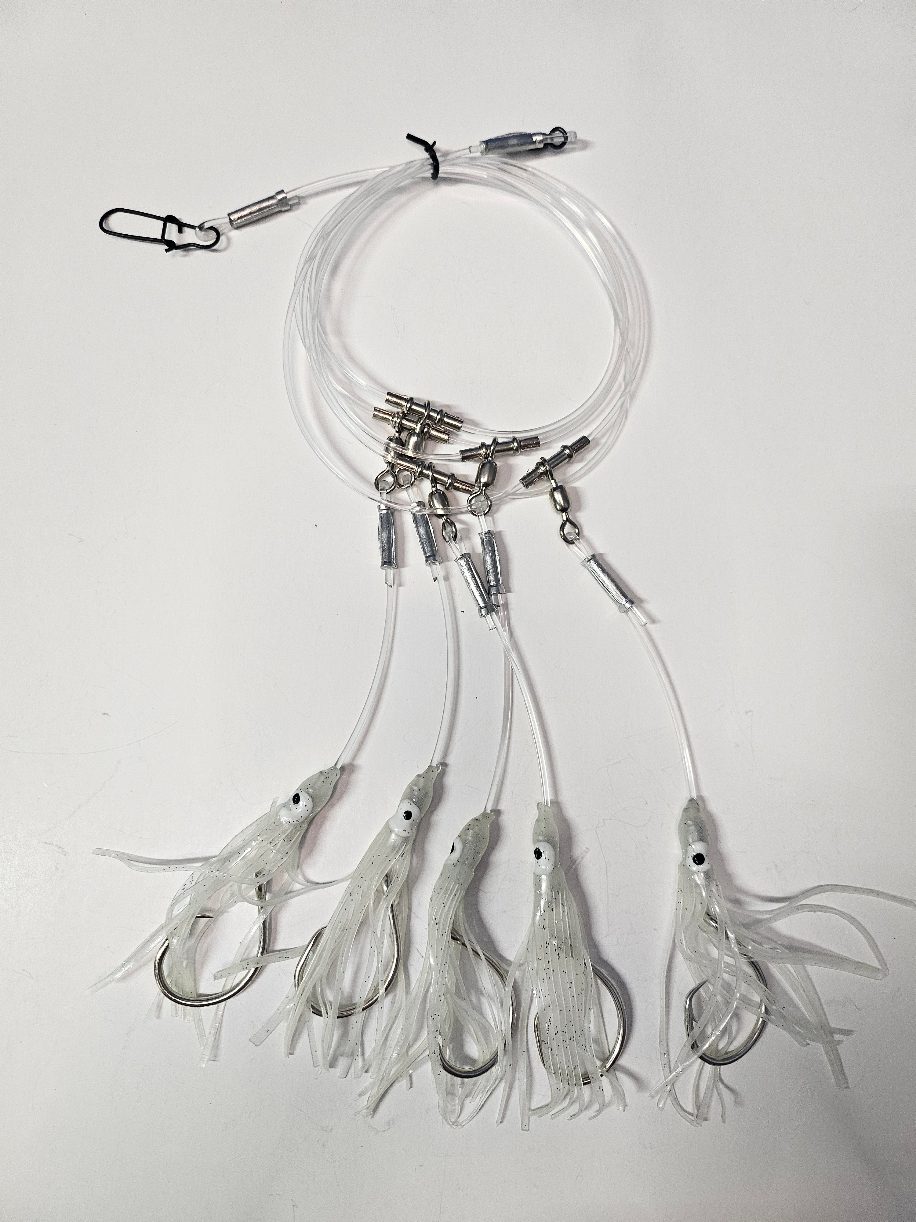 5-Hook Deep Drop Rig - 300lb Line - Luminous Green Squid - 12/0 Circle Hooks