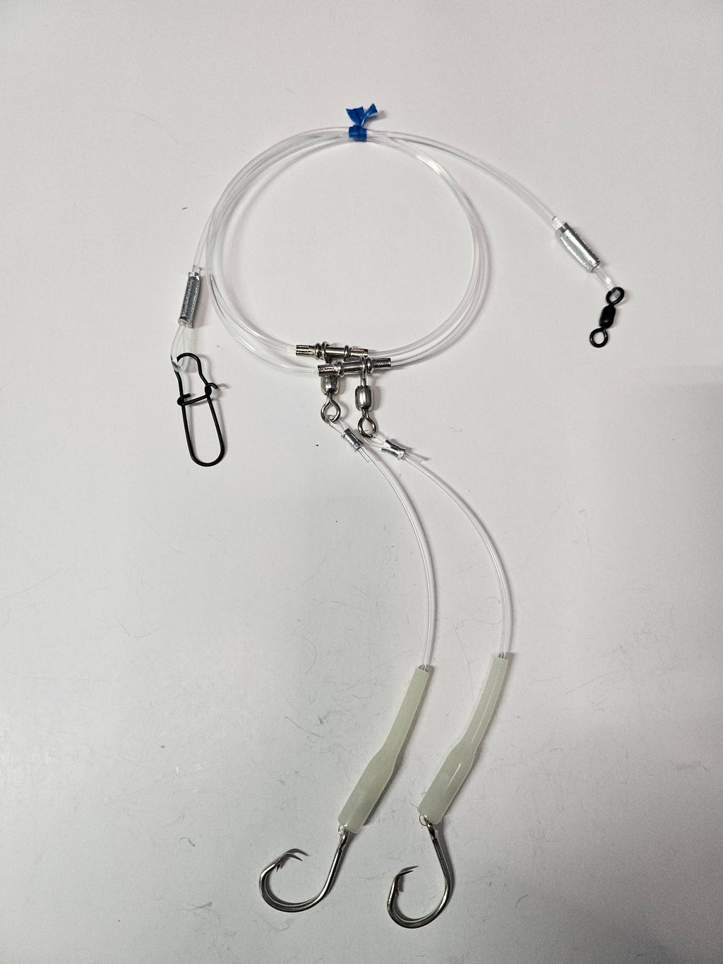 2-Hook Chicken Rig - 300lb Main Line - 150lb Snoods - Luminous Crimp Protectors