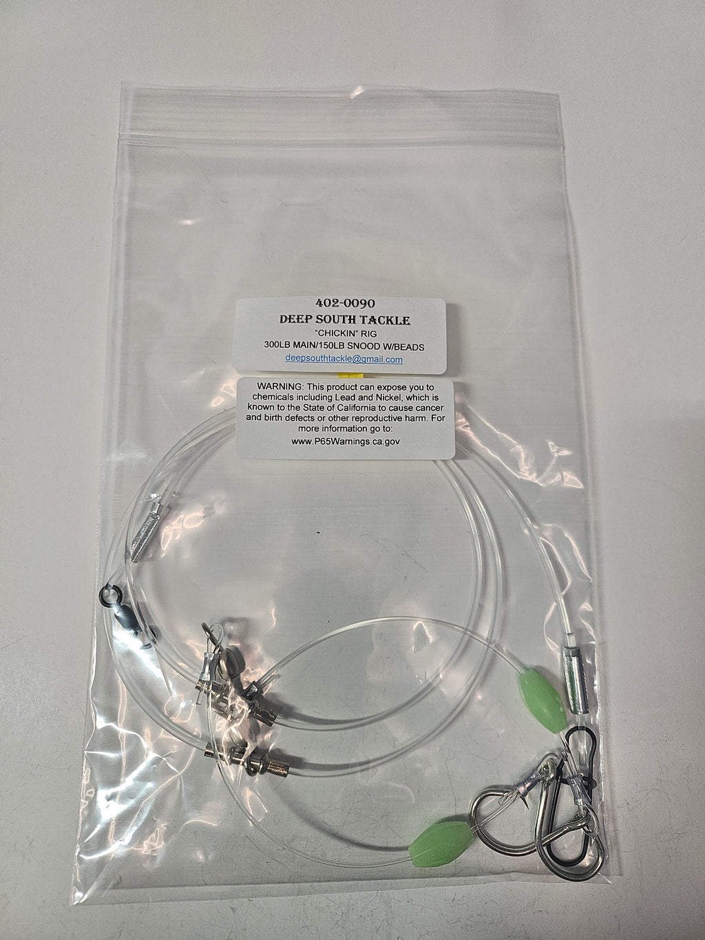 2-Hook Chicken Rig - 300lb Main Line - 150lb Snoods - Luminous Beads - 9/0 Circle Hooks