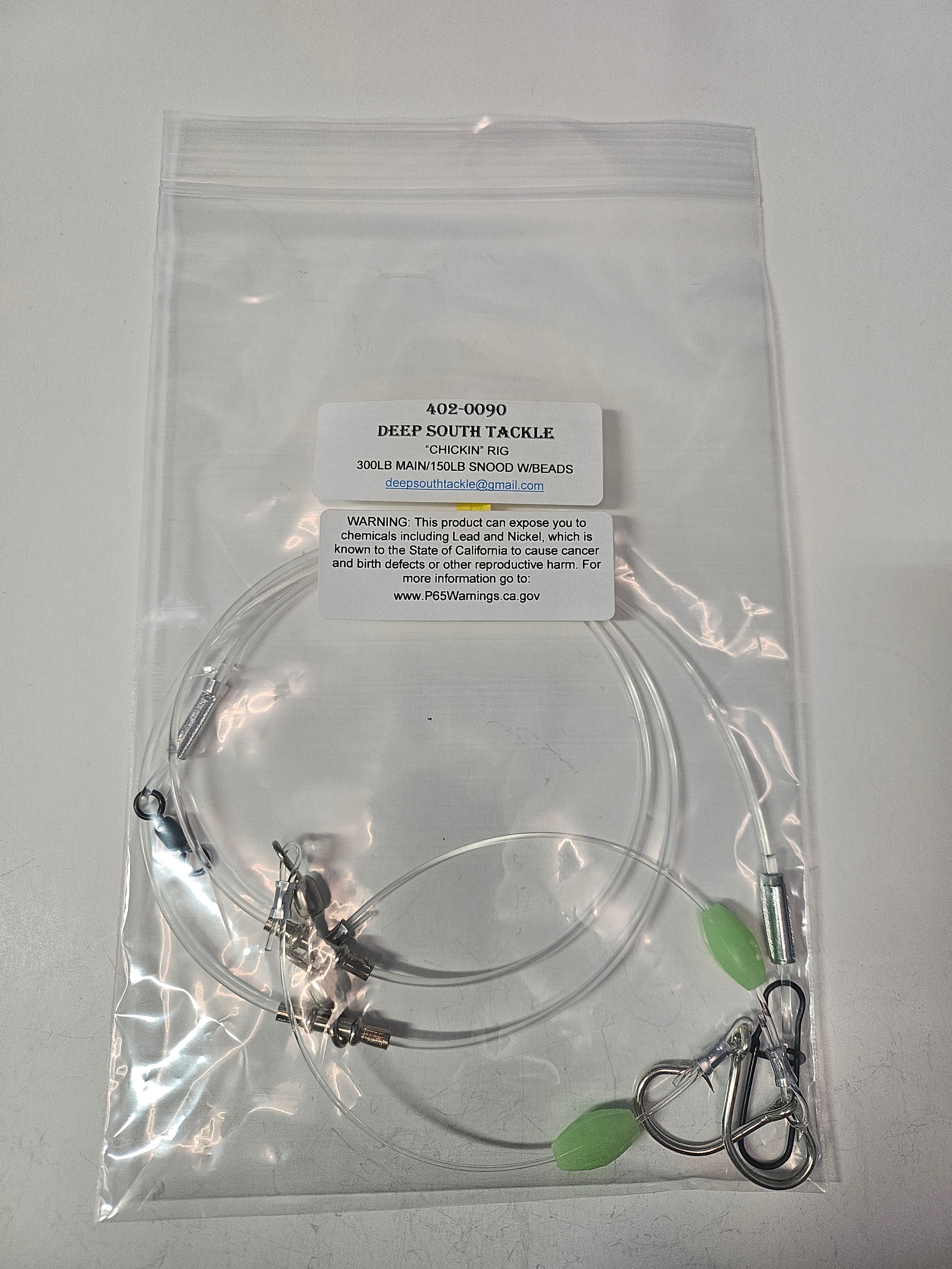 2-Hook Chicken Rig - 300lb Main Line - 150lb Snoods - Luminous Beads - 9/0 Circle Hooks