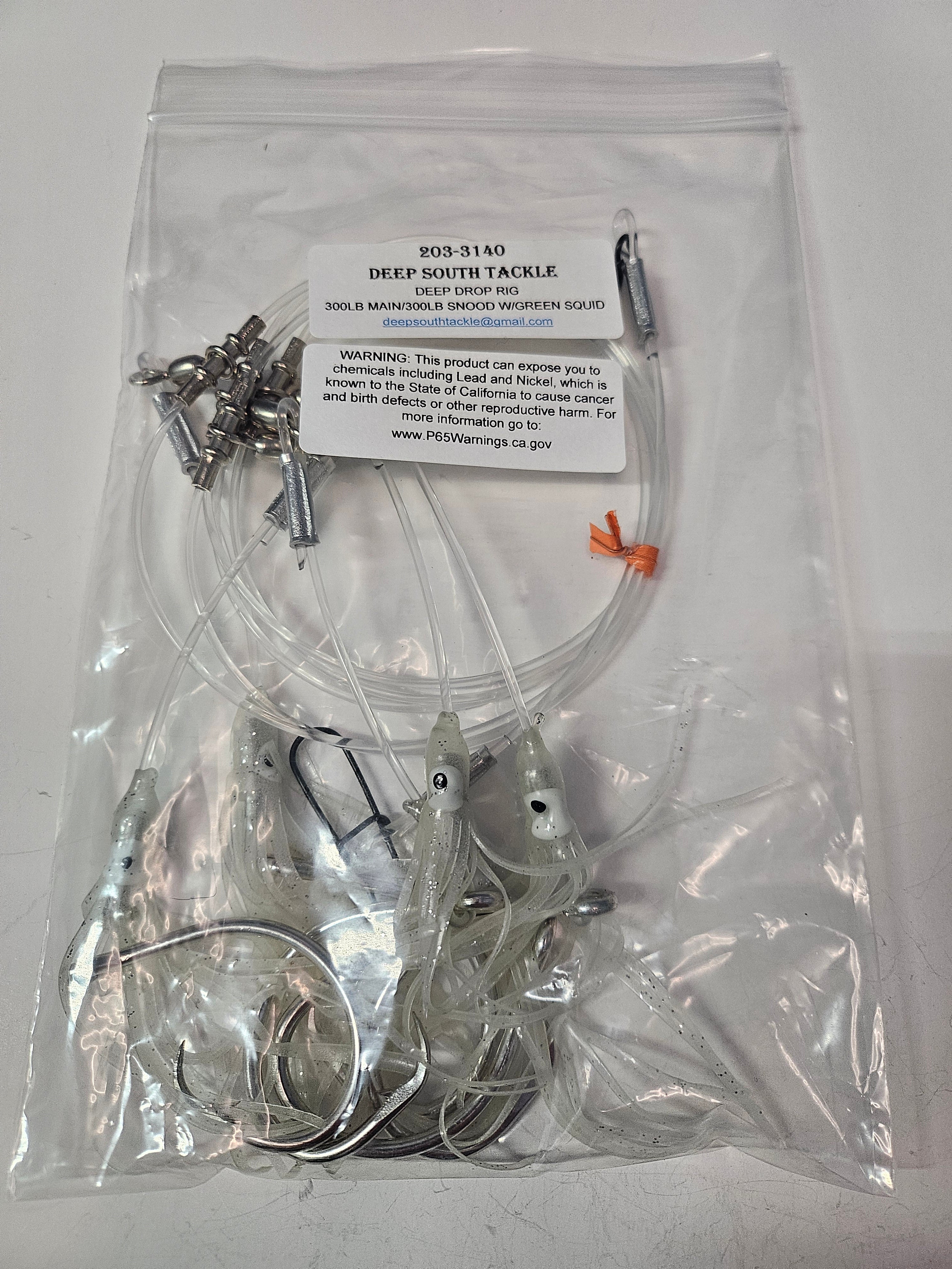 5-Hook Deep Drop Rig - 300lb Line - Luminous Green Squid - 14/0 Circle Hooks