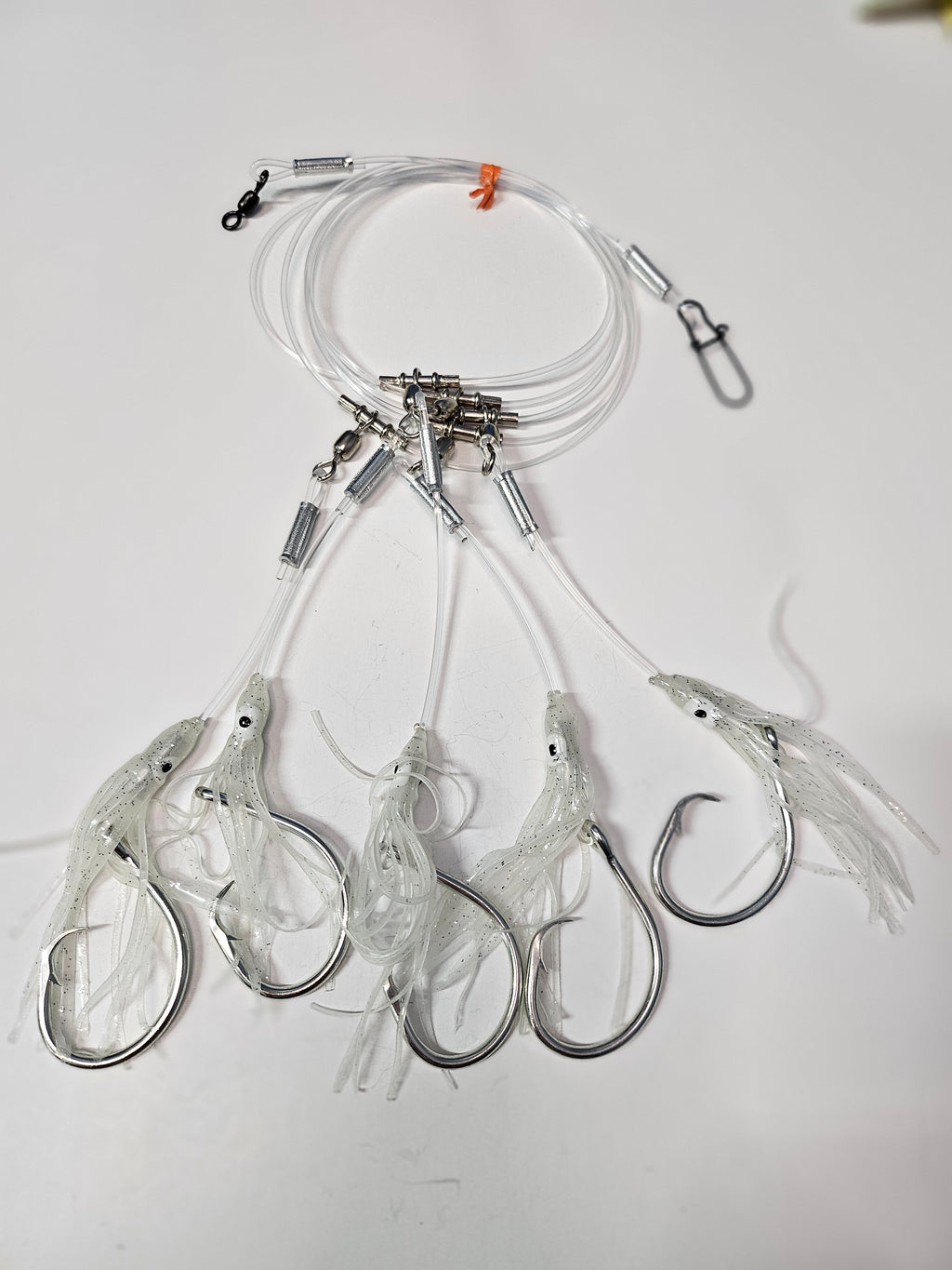 5-Hook Deep Drop Rig - 300lb Line - Luminous Green Squid - 14/0 Circle Hooks