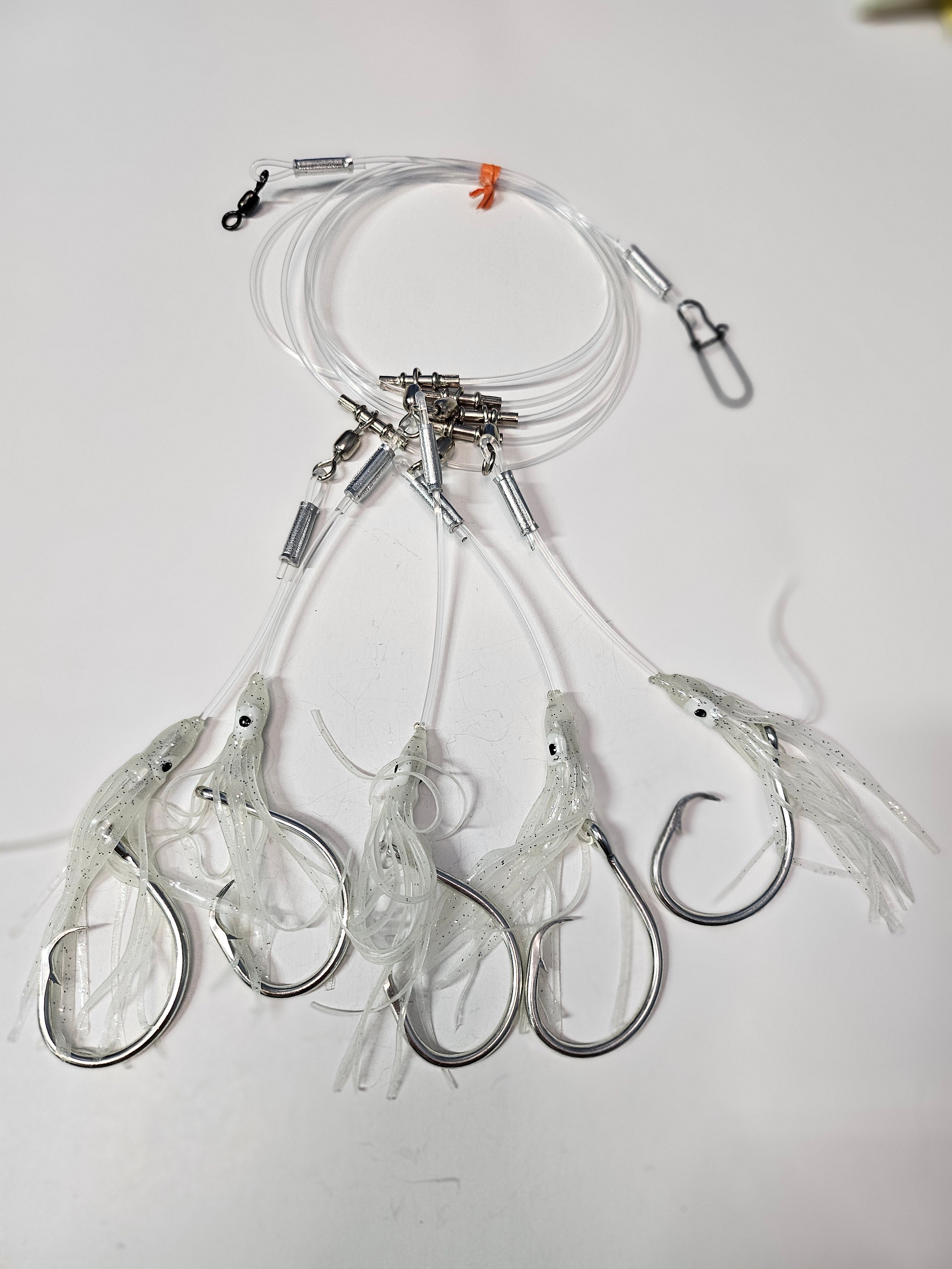 5-Hook Deep Drop Rig - 300lb Line - Luminous Green Squid - 14/0 Circle Hooks