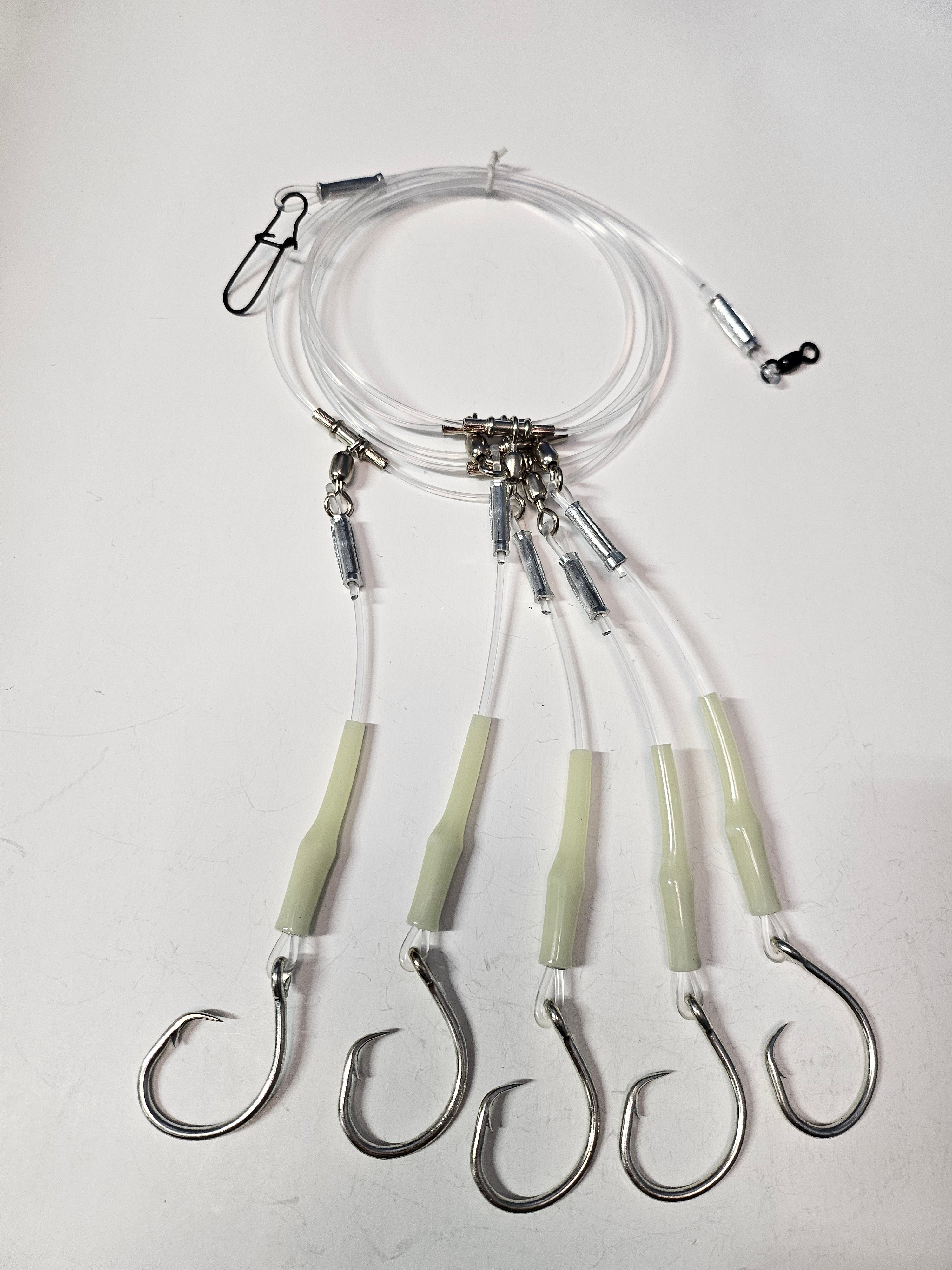 5-Hook Deep Drop Rig - 300lb Line - Luminous Crimp Protectors - 12/0 Circle Hooks