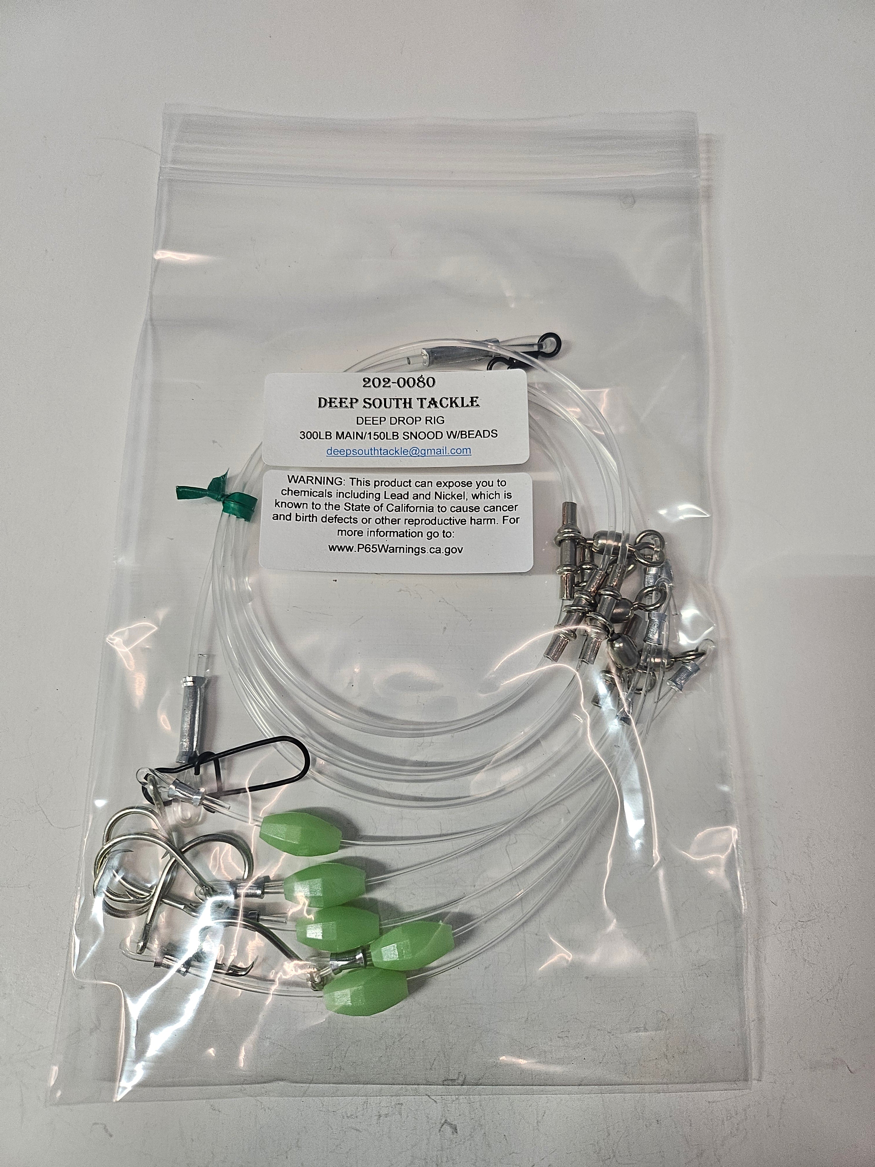 5-Hook Deep Drop Rig - 150lb Snoods - Luminous Beads - 8/0 Circle Hooks