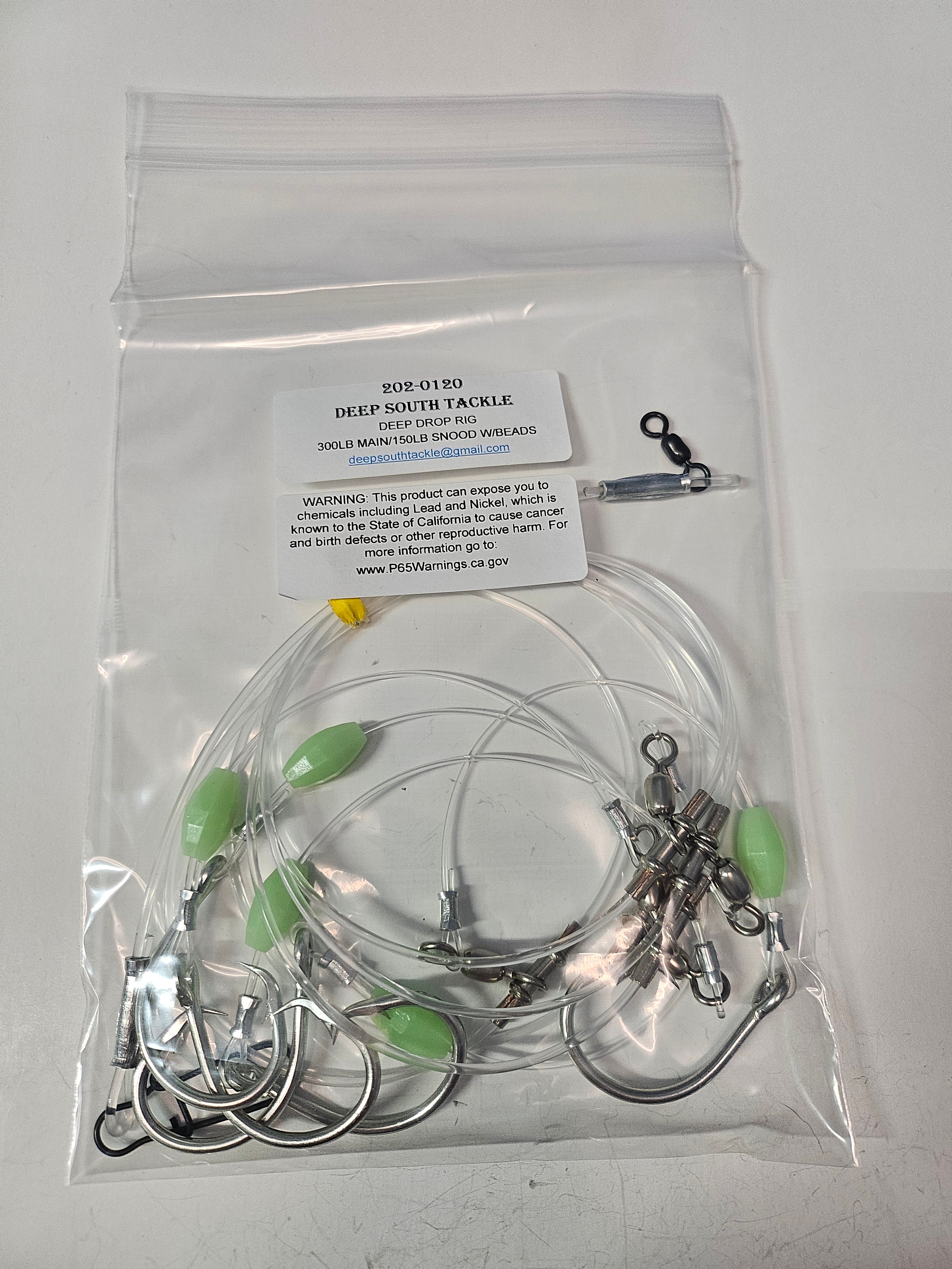 5-Hook Deep Drop Rig - 150lb Snoods - Luminous Beads - 12/0 Circle Hooks