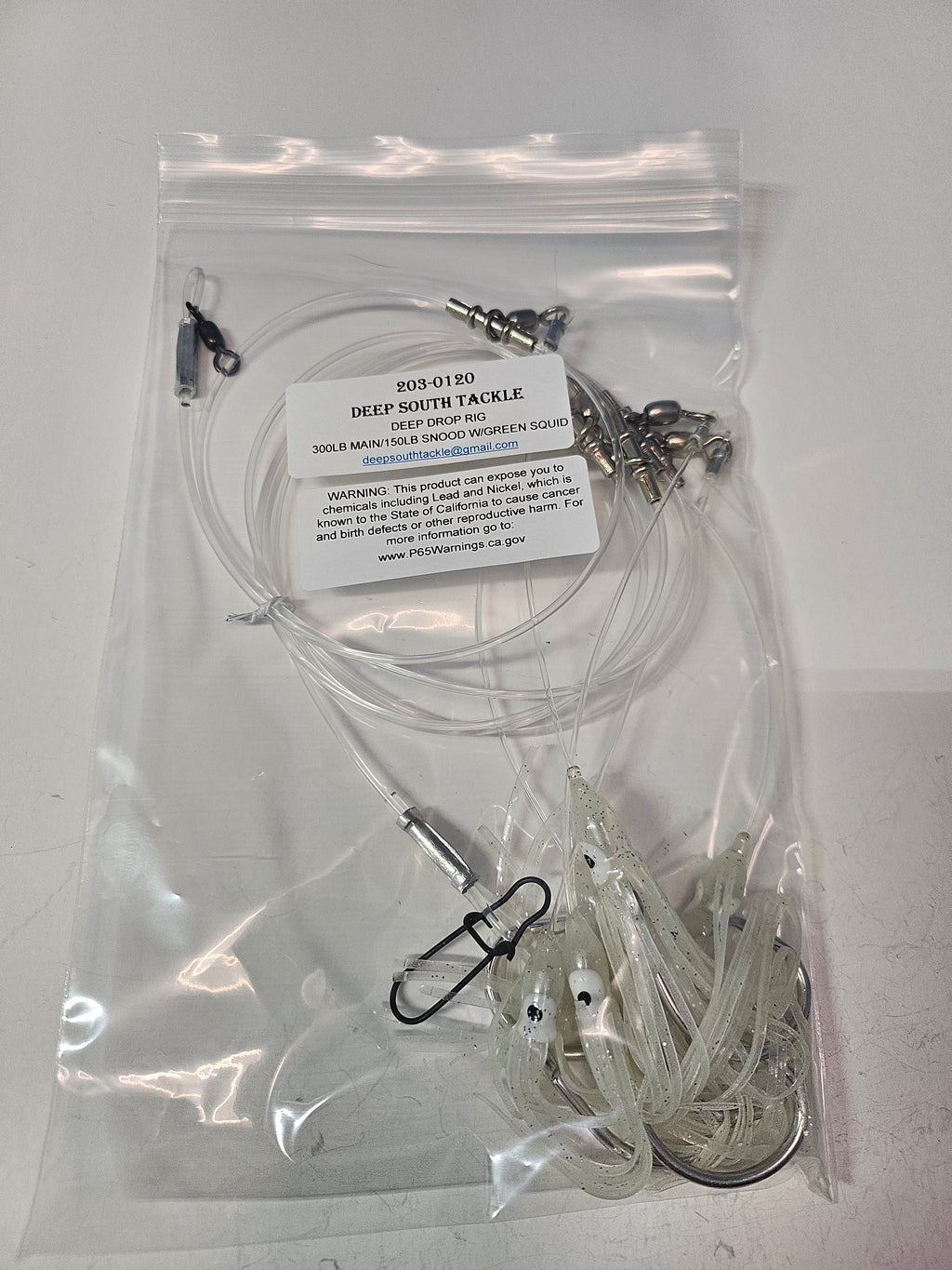 5-Hook Deep Drop Rig - 150lb Snoods - Luminous Green Squid - 12/0 Circle Hooks