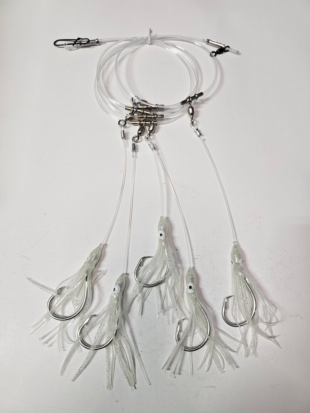 5-Hook Deep Drop Rig - 150lb Snoods - Luminous Green Squid - 12/0 Circle Hooks