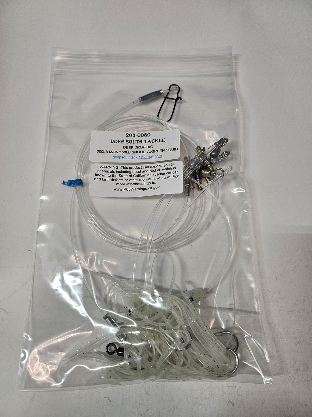 5-Hook Deep Drop Rig - 150lb Snoods - Luminous Green Squid - 8/0 Circle Hooks