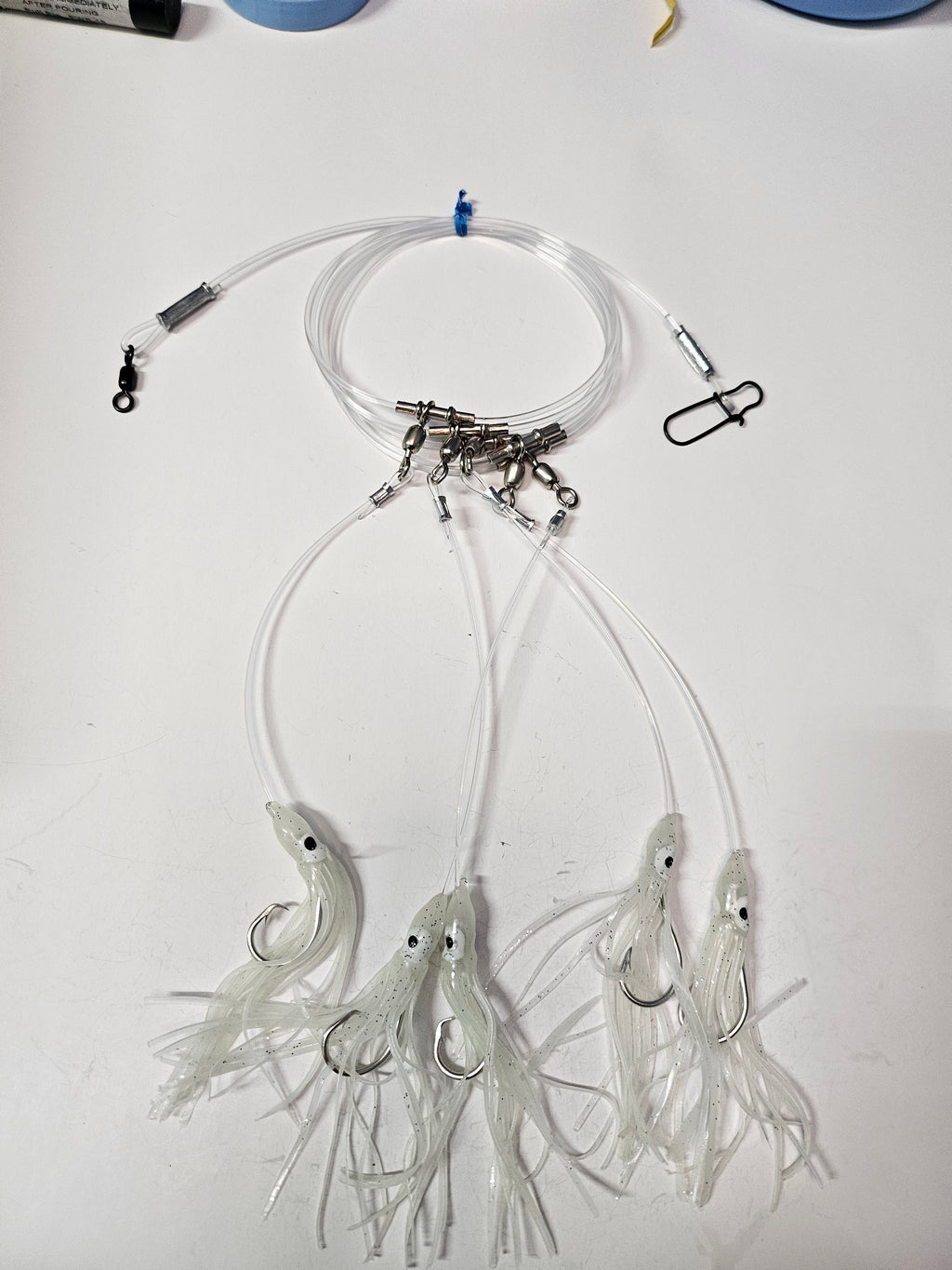 5-Hook Deep Drop Rig - 150lb Snoods - Luminous Green Squid - 8/0 Circle Hooks