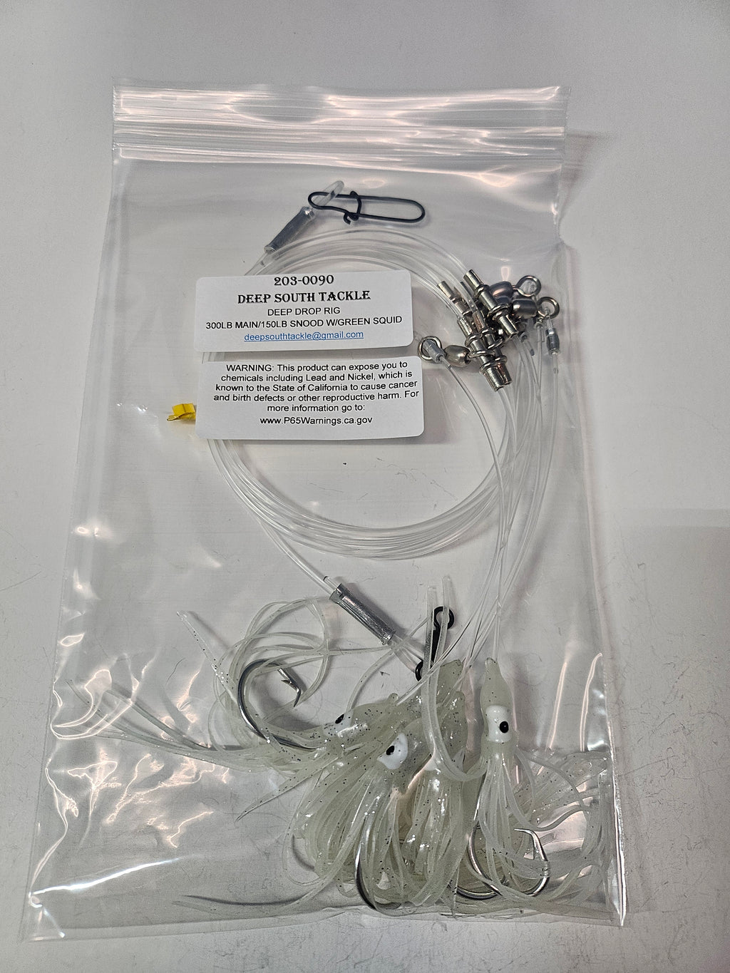 5-Hook Deep Drop Rig - 150lb Snoods - Luminous Green Squid - 9/0 Circle Hooks