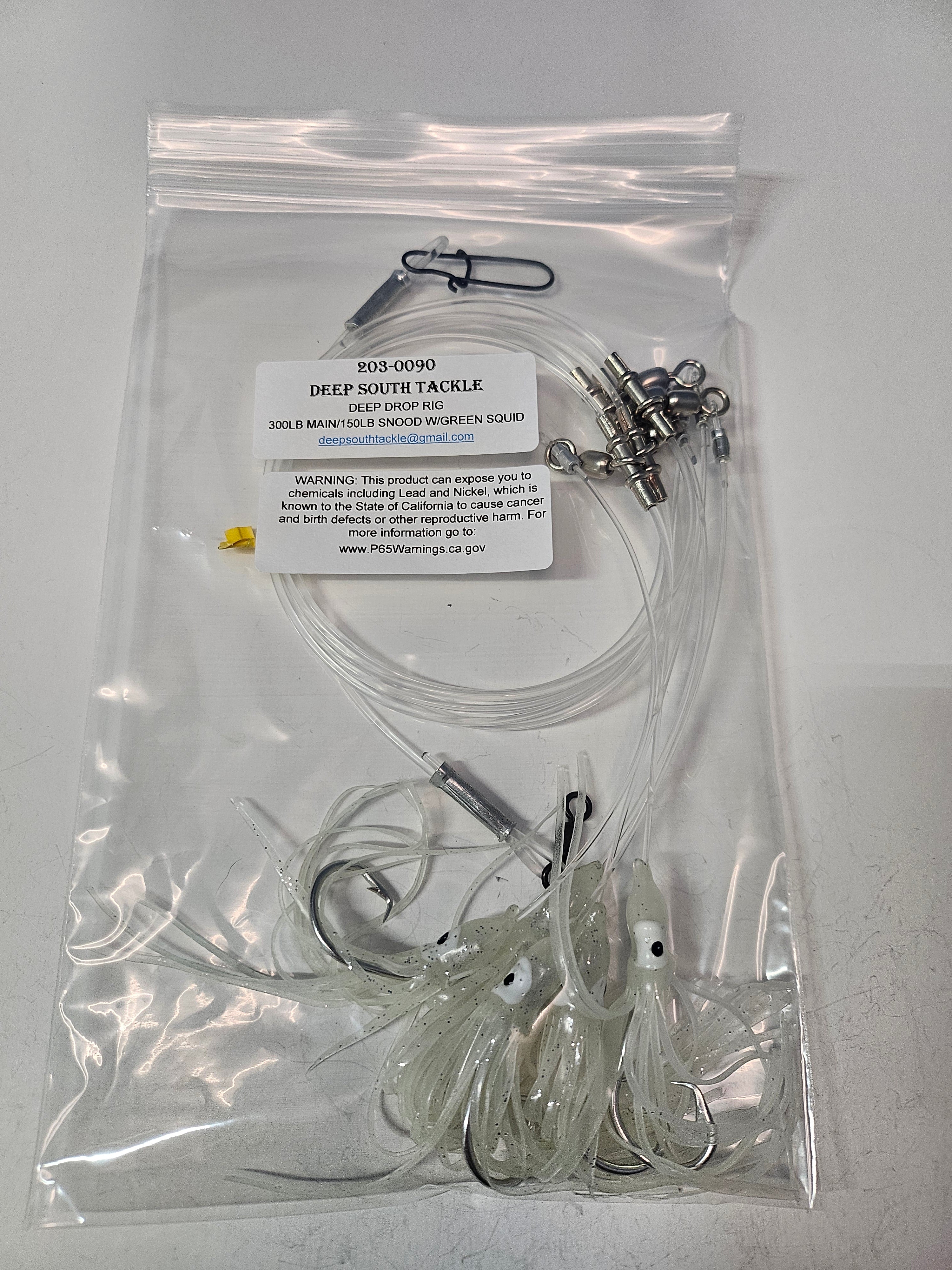 5-Hook Deep Drop Rig - 150lb Snoods - Luminous Green Squid - 9/0 Circle Hooks