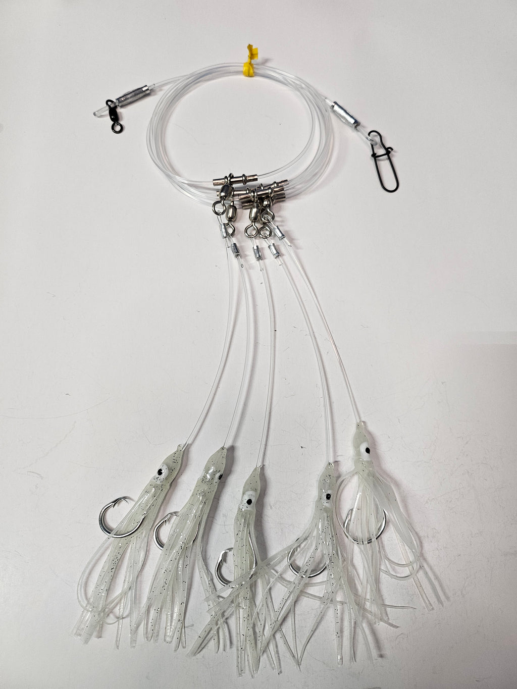 5-Hook Deep Drop Rig - 150lb Snoods - Luminous Green Squid - 9/0 Circle Hooks