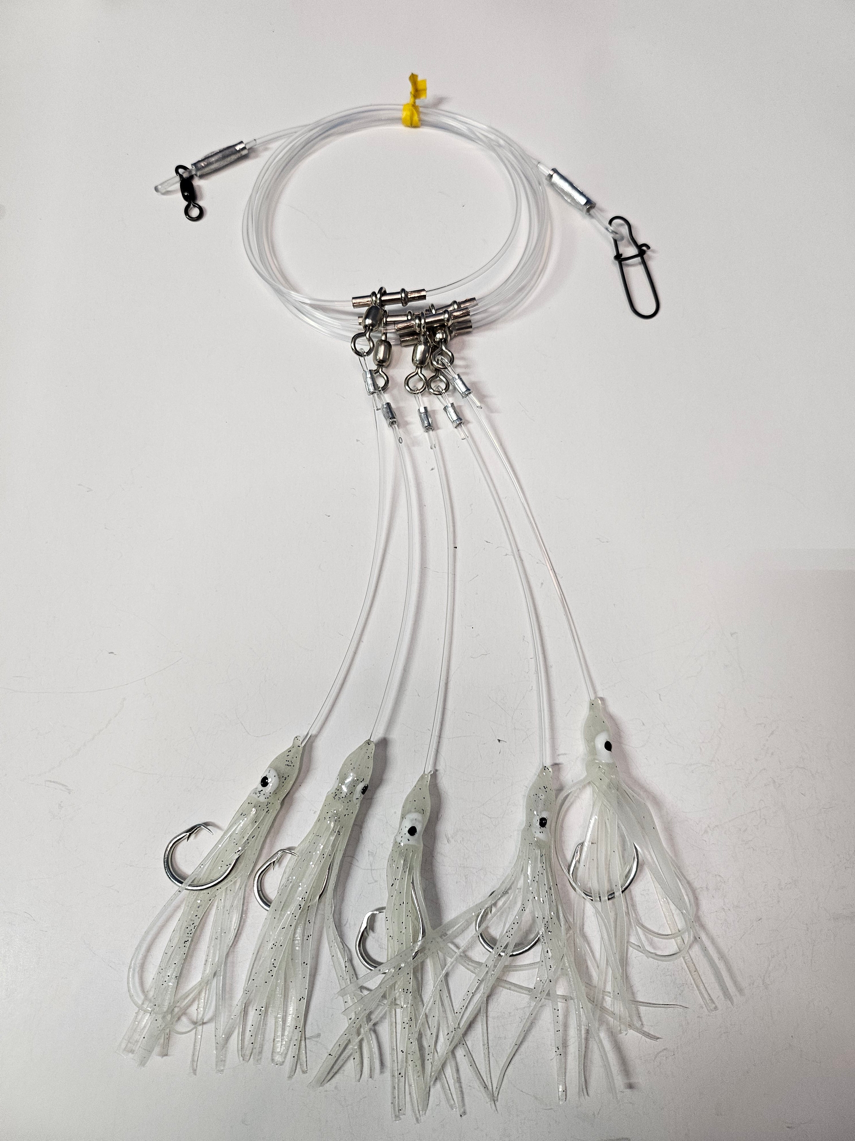 5-Hook Deep Drop Rig - 150lb Snoods - Luminous Green Squid - 9/0 Circle Hooks