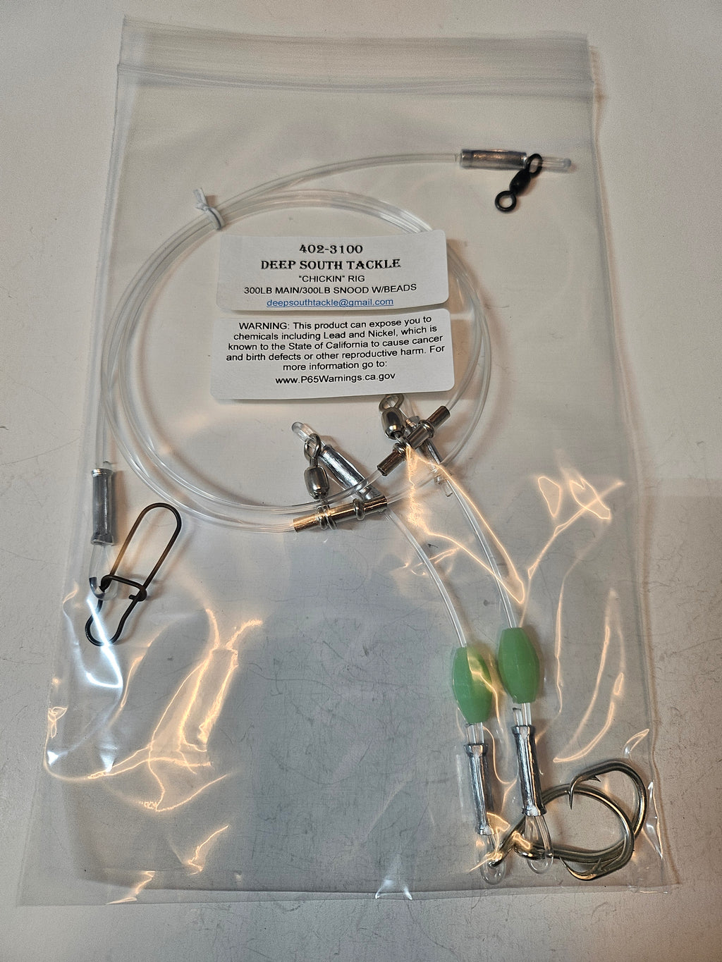 2-Hook Chicken Rig - 300lb Line - Luminous Beads - 10/0 Circle Hooks