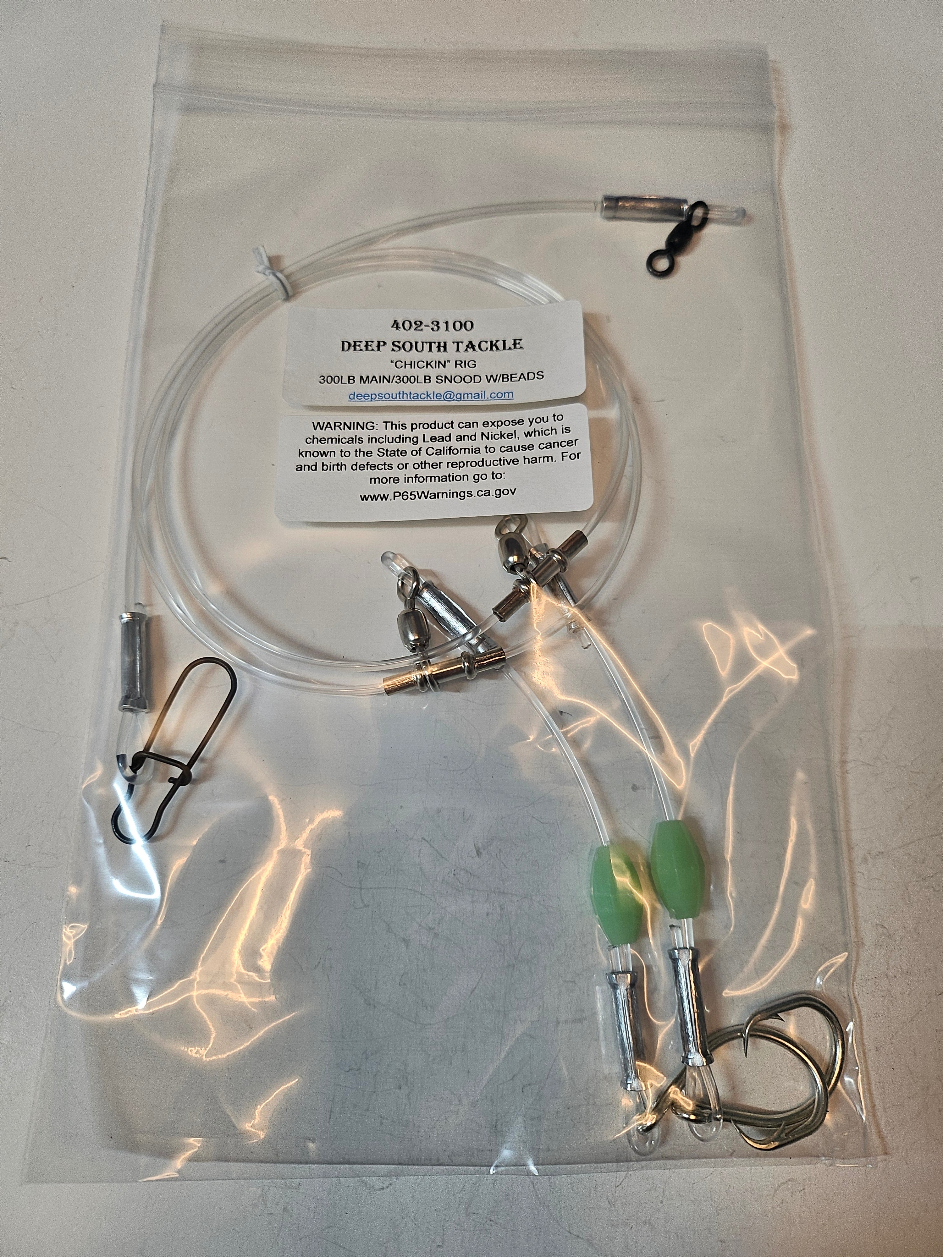 2-Hook Chicken Rig - 300lb Line - Luminous Beads - 10/0 Circle Hooks