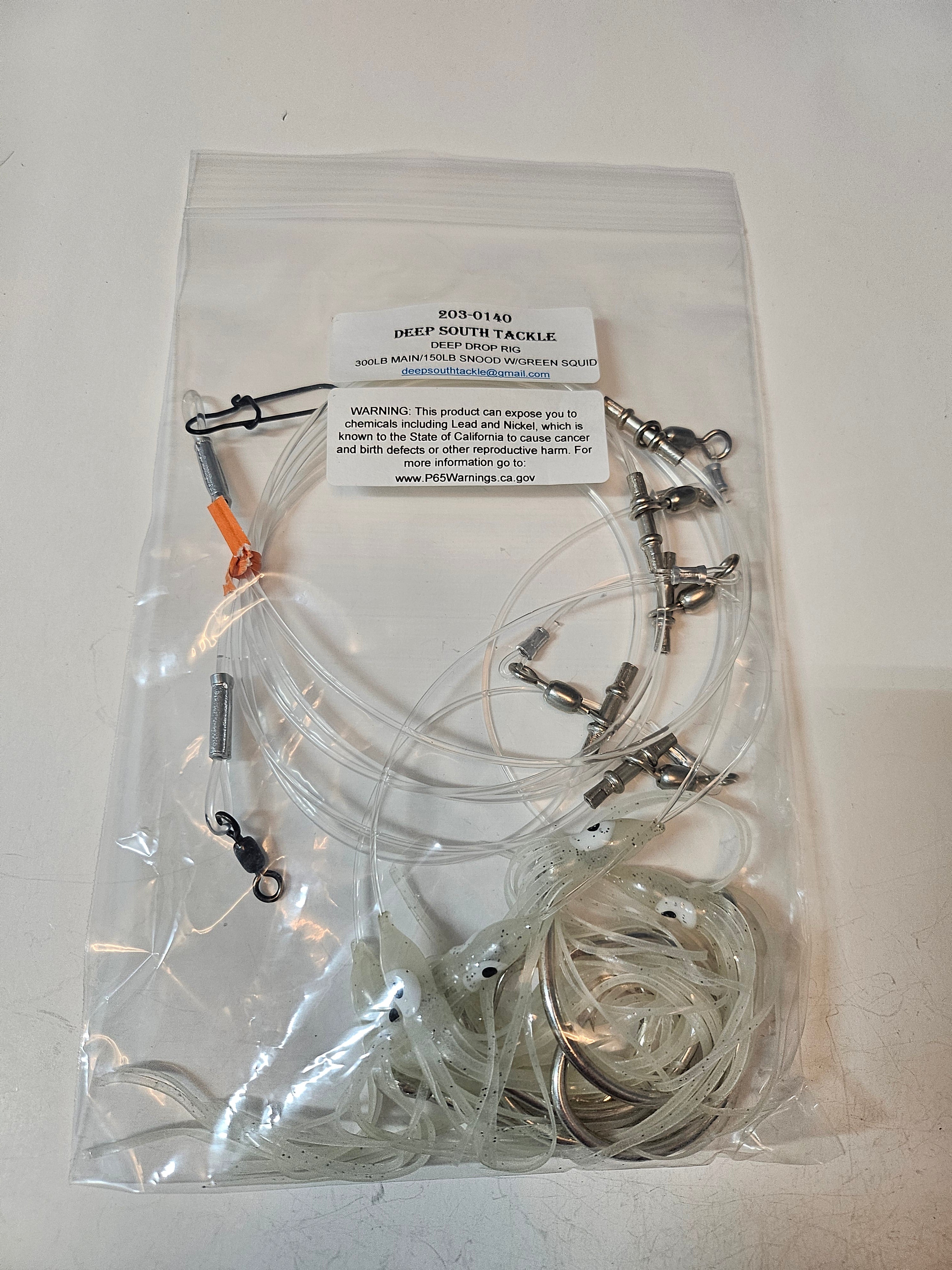 5-Hook Deep Drop Rig - 150lb Snoods - Luminous Green Squid - 14/0 Circle Hooks