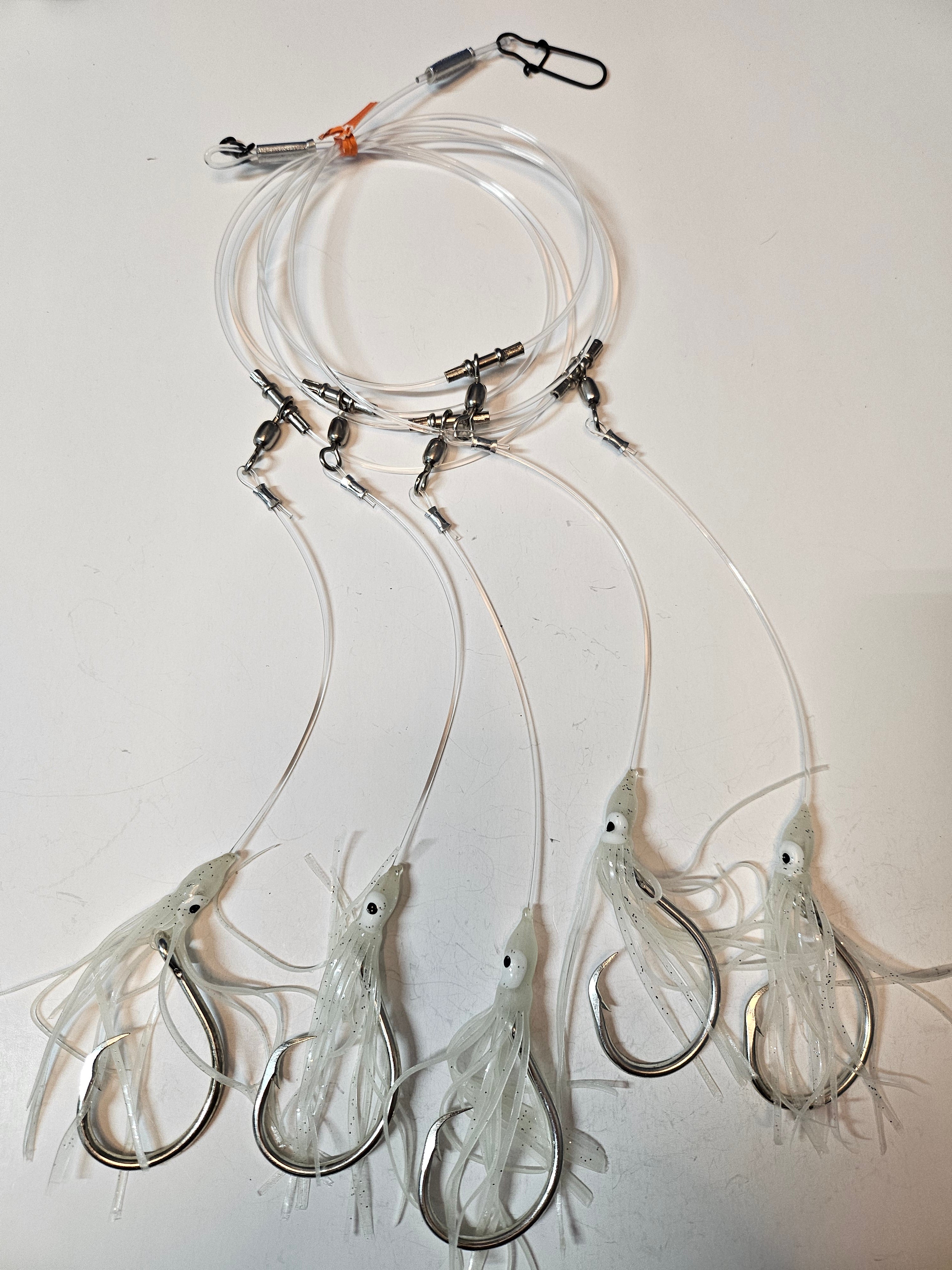 5-Hook Deep Drop Rig - 150lb Snoods - Luminous Green Squid - 14/0 Circle Hooks