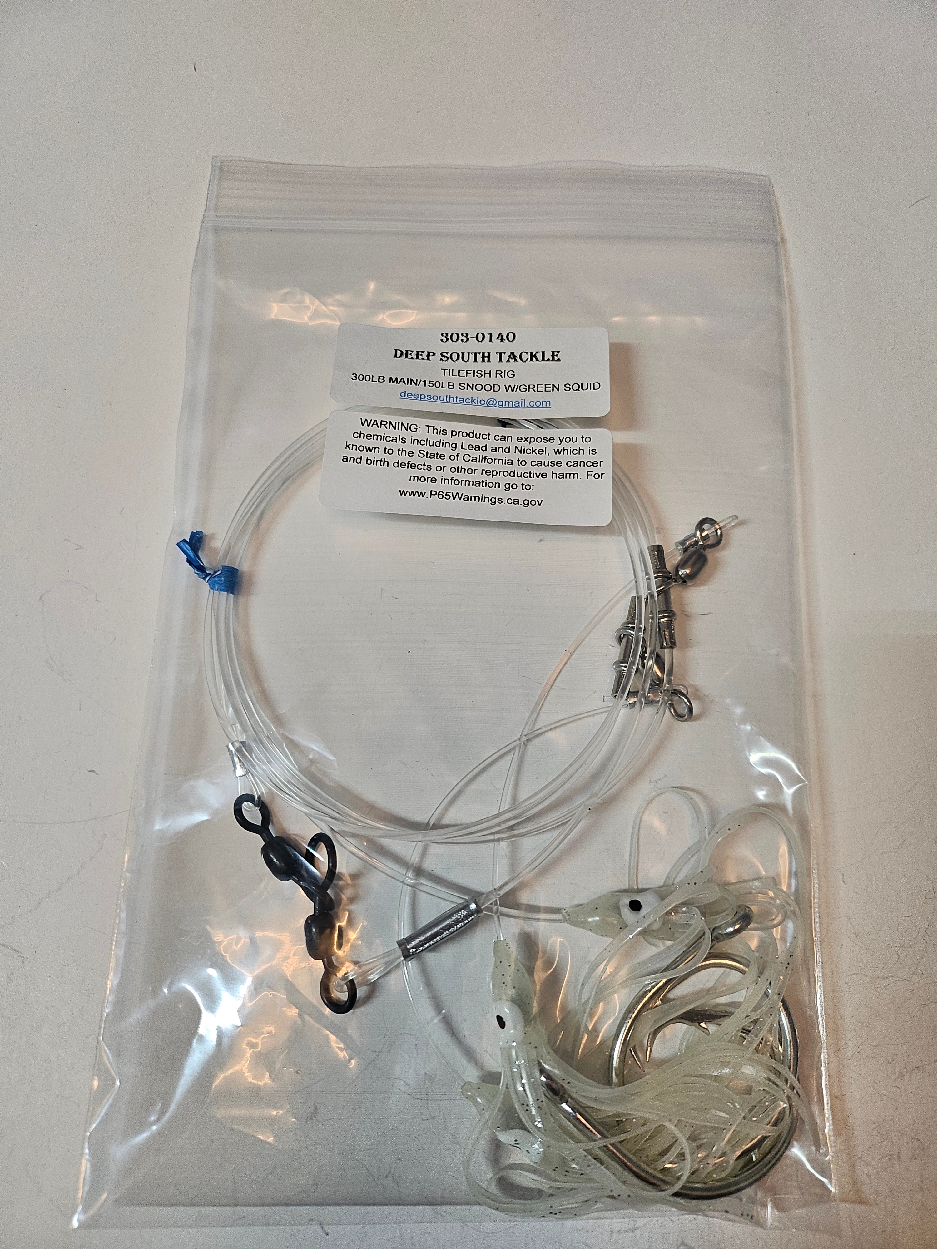 3-Hook Tilefish Rig - 300lb Main Line - 150lb Snoods - Luminous Green Squid - 14/0 Circle Hooks