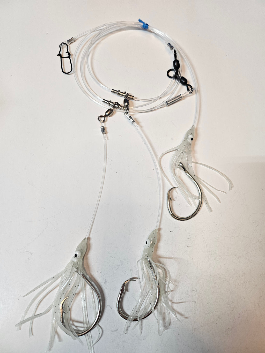 3-Hook Tilefish Rig - 300lb Main Line - 150lb Snoods - Luminous Green Squid - 14/0 Circle Hooks