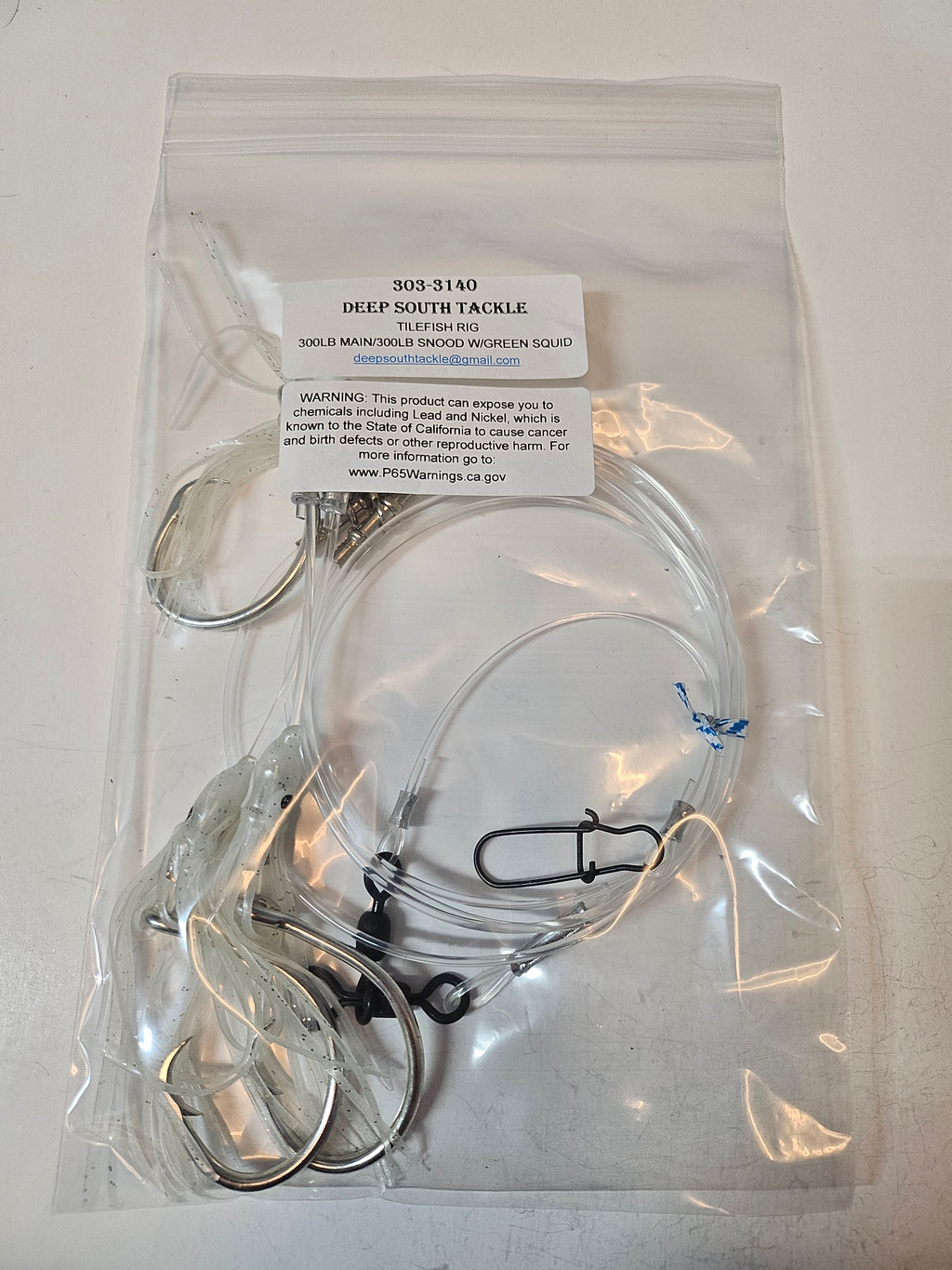 3-Hook Tilefish Rig - 300lb Line - Luminous Green Squid - 14/0 Circle Hooks