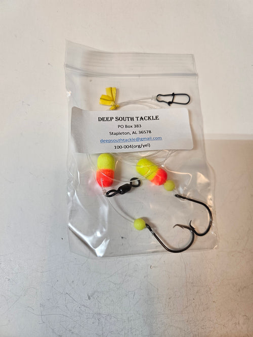 2-Hook Pompano Surf Rig | 30lb Fluorocarbon | 1/0 Hooks | Orange & Yellow Pill Floats