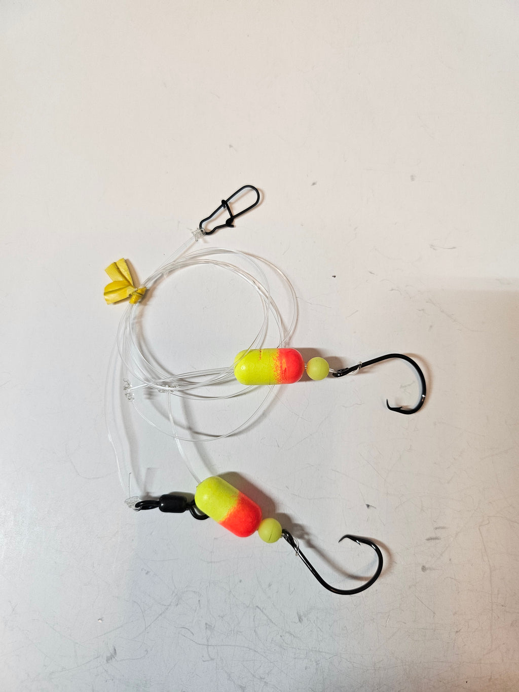 2-Hook Pompano Surf Rig | 30lb Fluorocarbon | 1/0 Hooks | Orange & Yellow Pill Floats