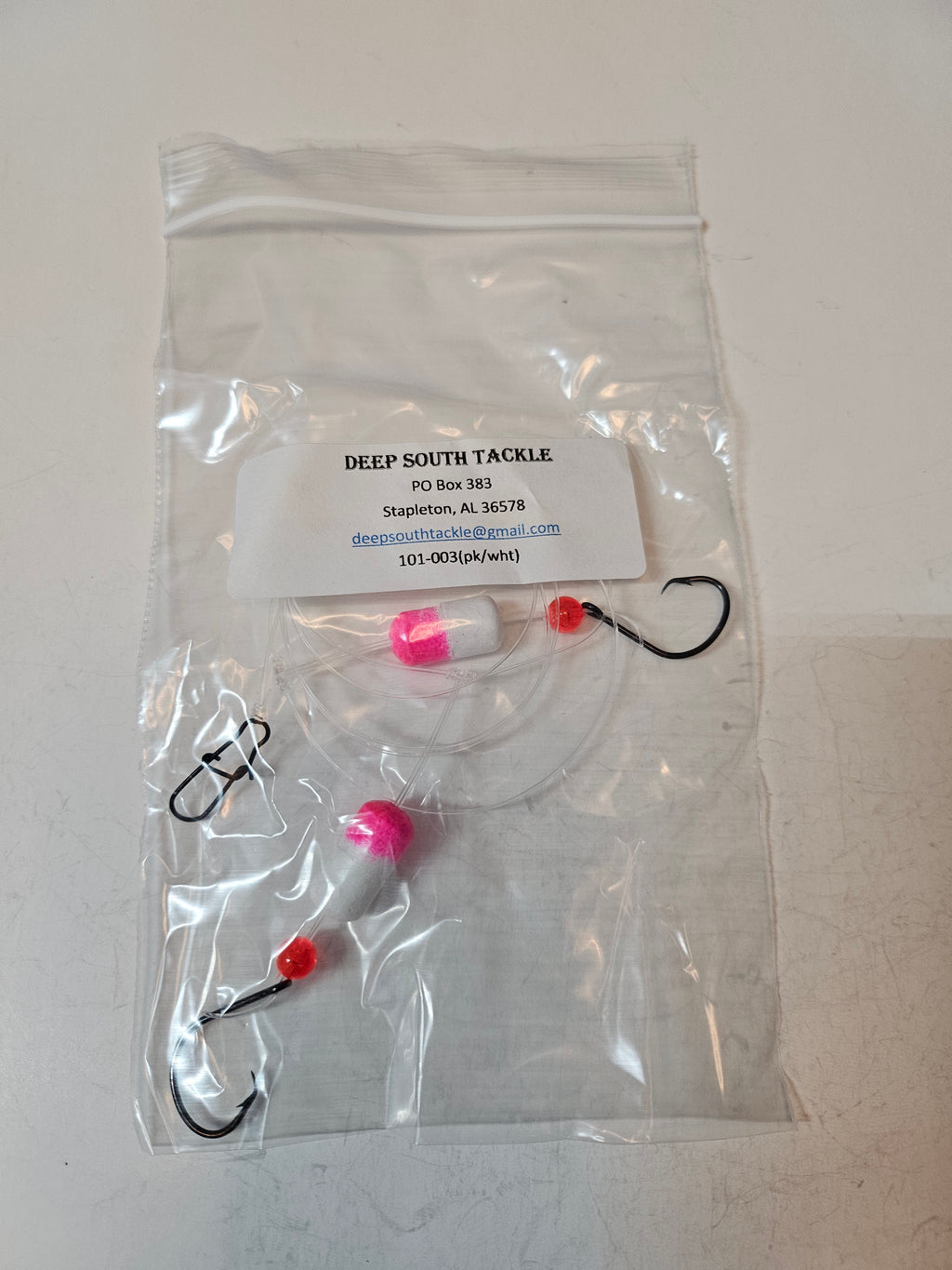 2-Hook Pompano Surf Rig | 30lb Fluorocarbon | #1 Hooks | Pink & White Pill Floats