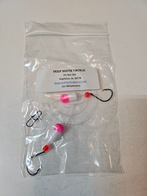 2-Hook Pompano Surf Rig | 30lb Fluorocarbon | #1 Hooks | Pink & White Pill Floats