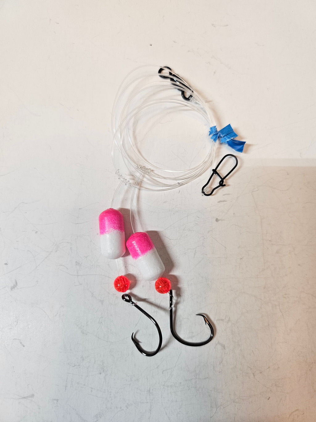 2-Hook Pompano Surf Rig | 30lb Fluorocarbon | #1 Hooks | Pink & White Pill Floats