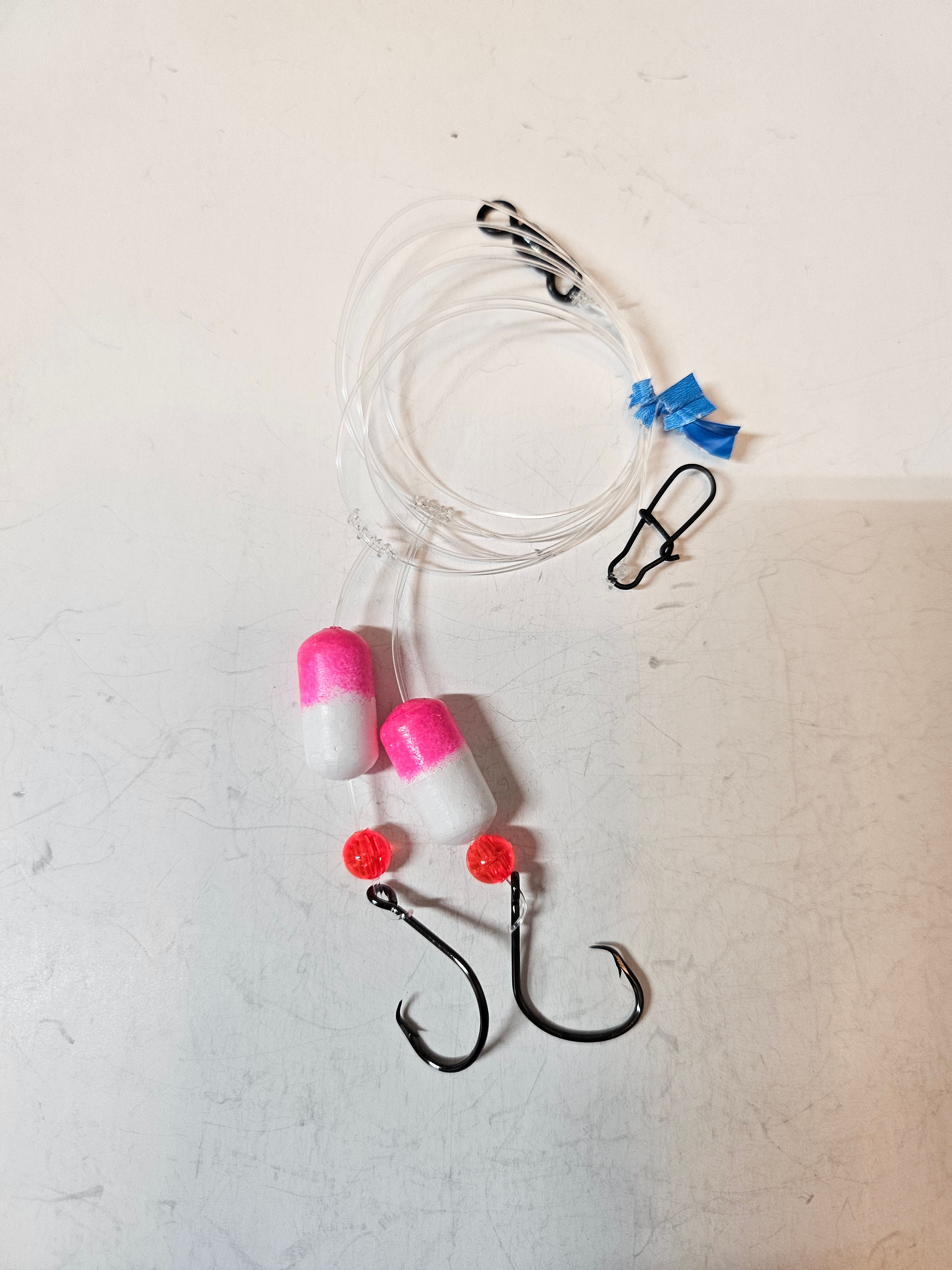 2-Hook Pompano Surf Rig | 30lb Fluorocarbon | #1 Hooks | Pink & White Pill Floats