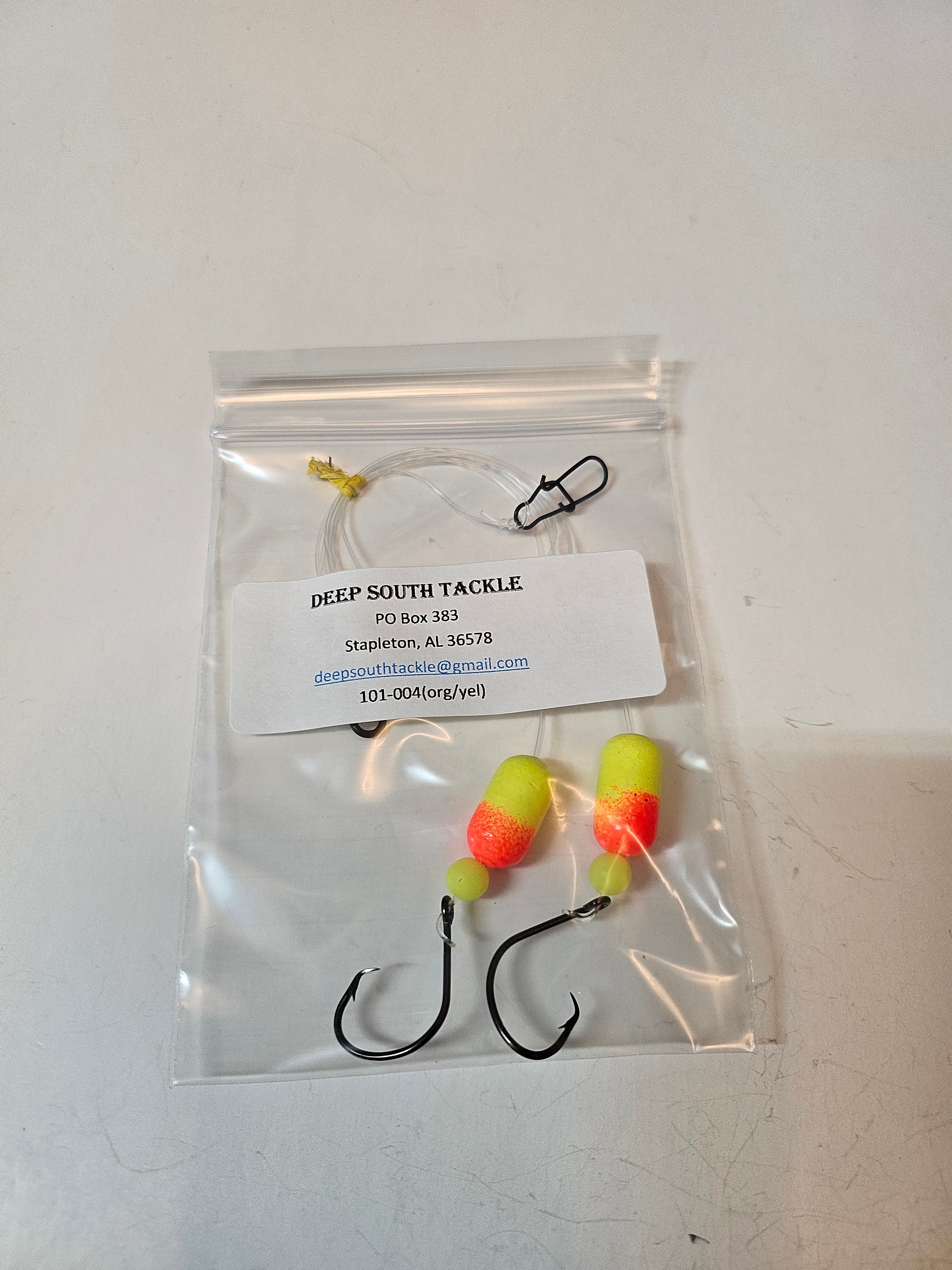 2-Hook Pompano Surf Rig | 30lb Fluorocarbon | #1 Hooks | Orange & Yellow Pill Floats