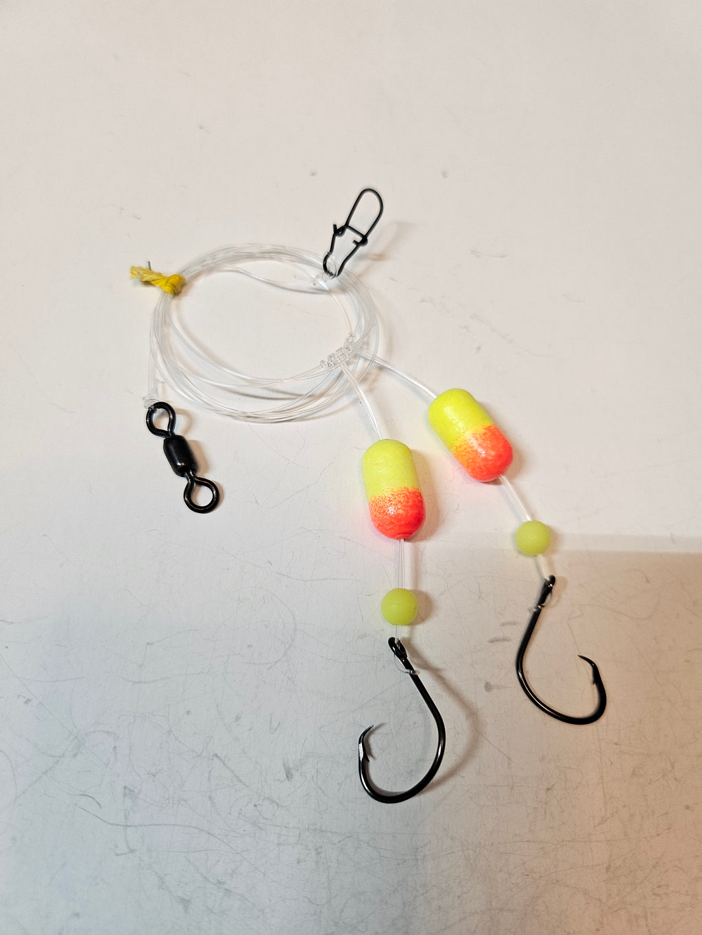 2-Hook Pompano Surf Rig | 30lb Fluorocarbon | #1 Hooks | Orange & Yellow Pill Floats
