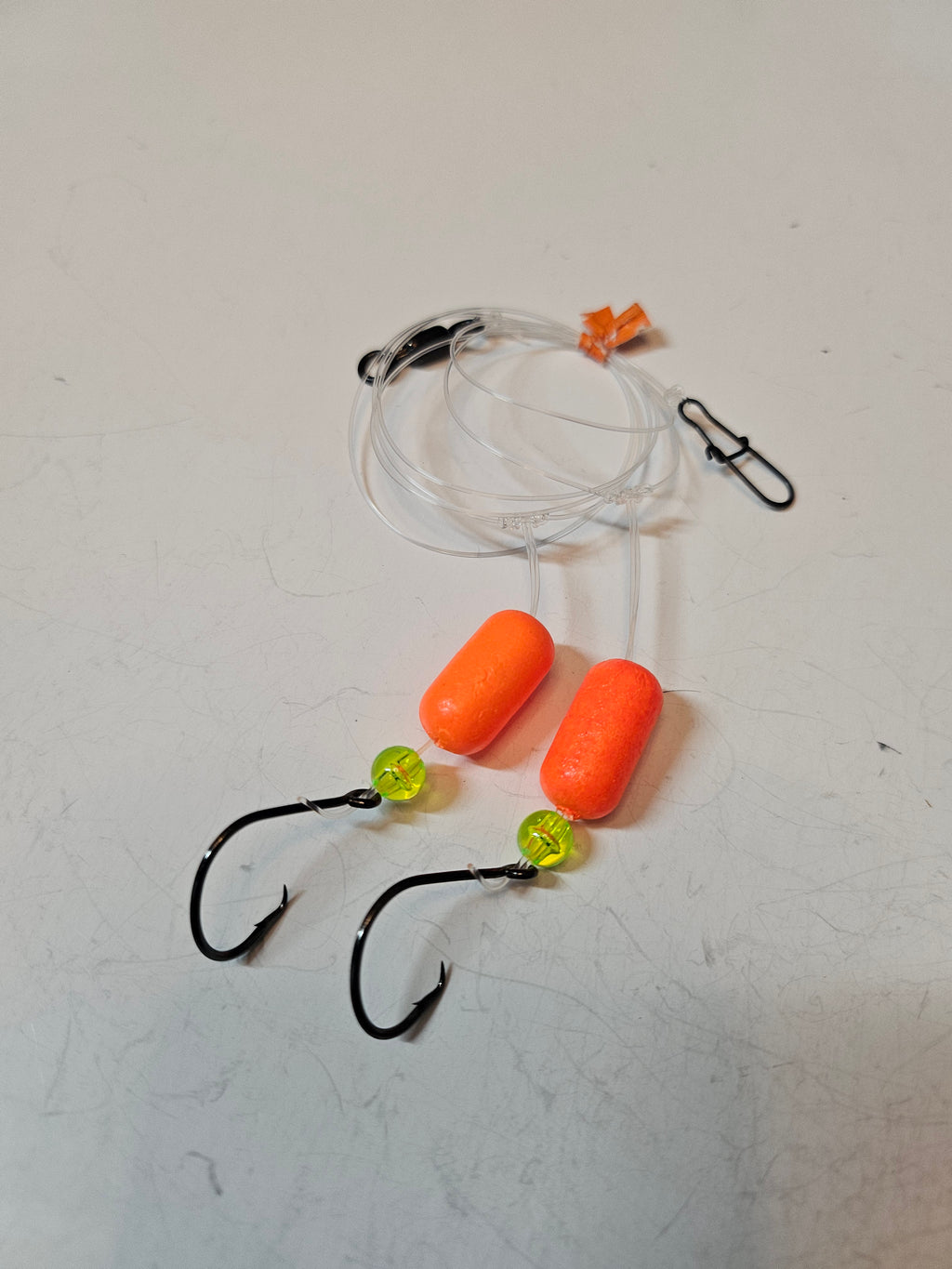 2-Hook Pompano Surf Rig | 30lb Fluorocarbon | #1 Hooks | Orange Pill Floats