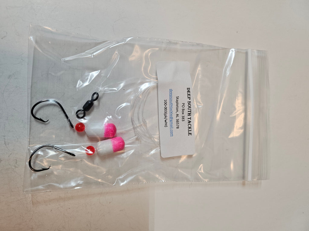 2-Hook Pompano Surf Rig | 30lb Fluorocarbon | 1/0 Hooks | Pink & White Pill Floats