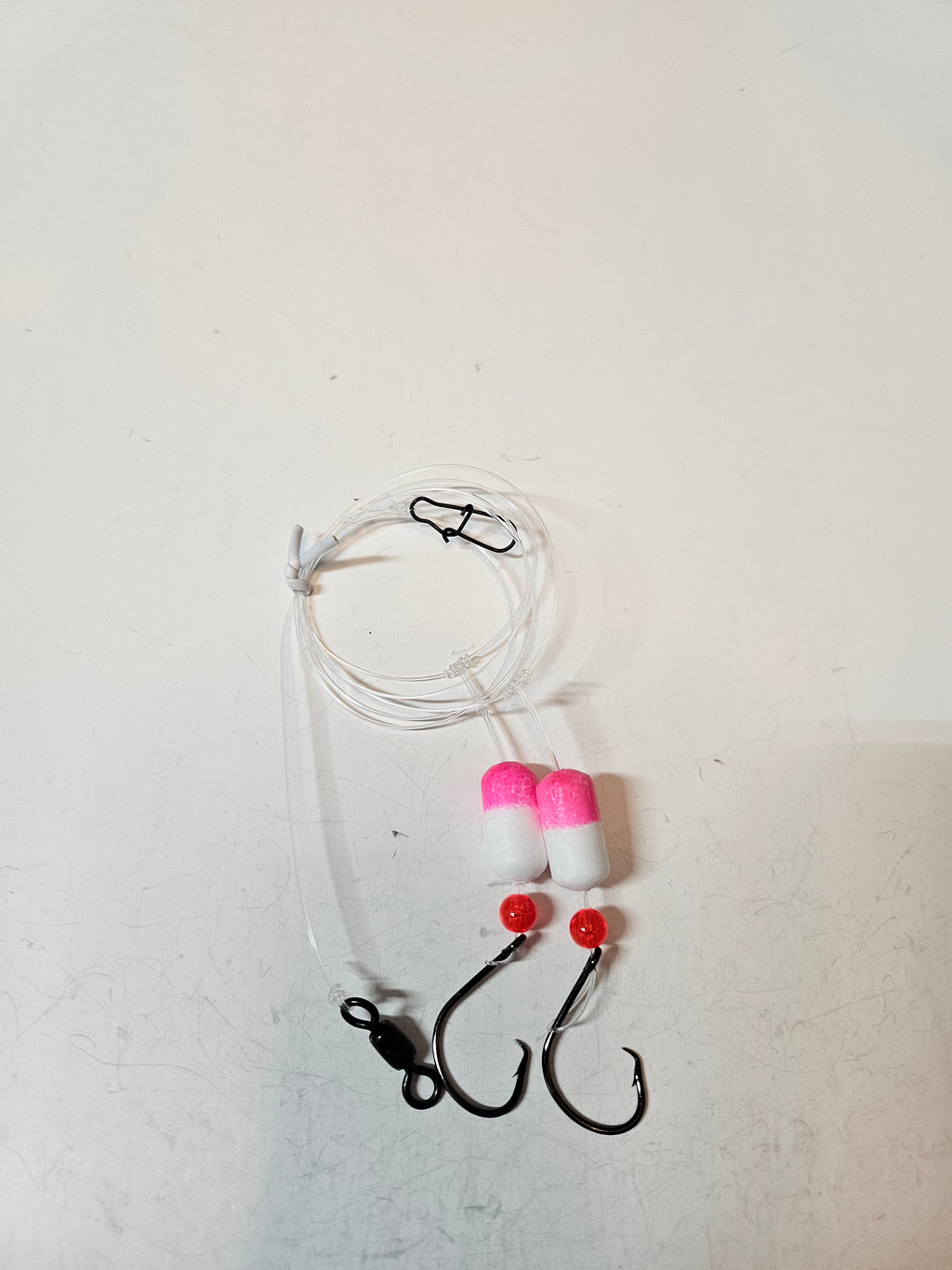 2-Hook Pompano Surf Rig | 30lb Fluorocarbon | 1/0 Hooks | Pink & White Pill Floats