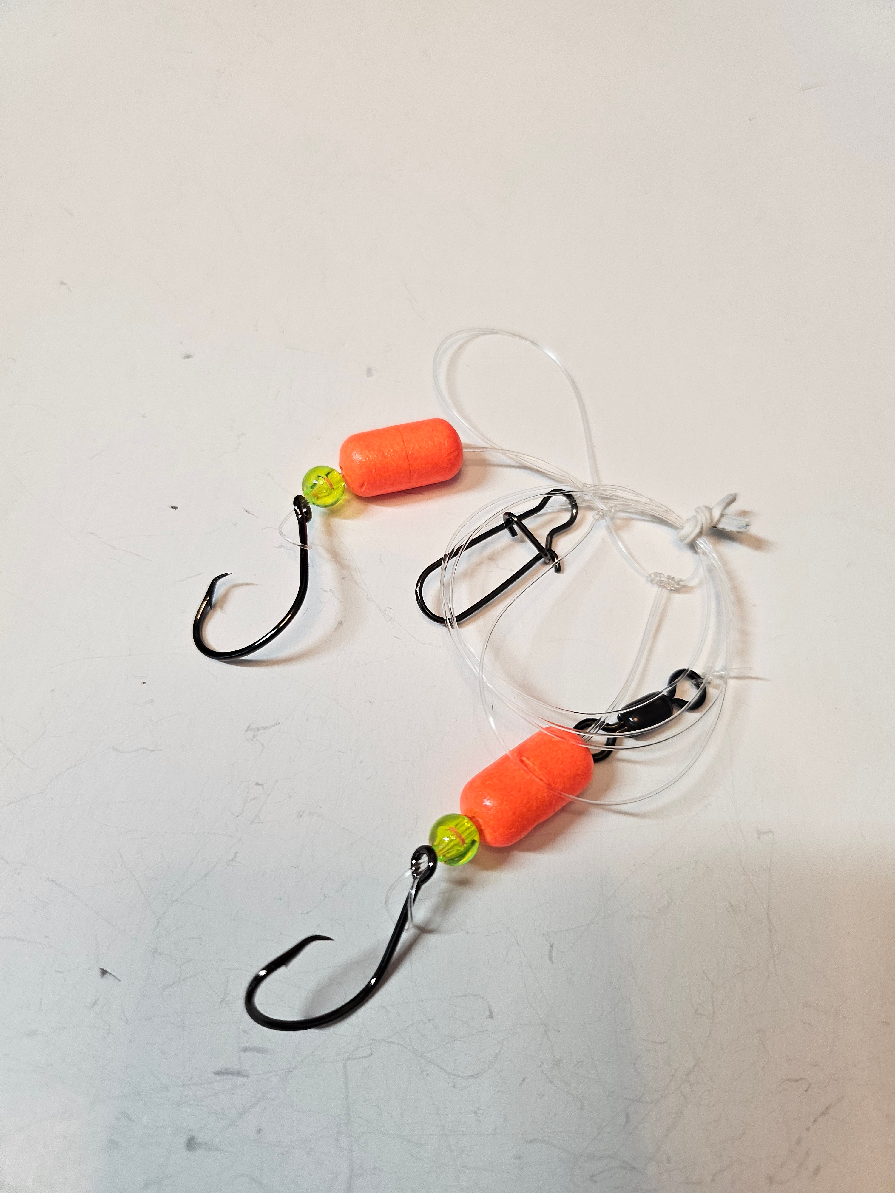 2-Hook Pompano Surf Rig | 30lb Fluorocarbon | 1/0 Hooks | Orange Pill Floats