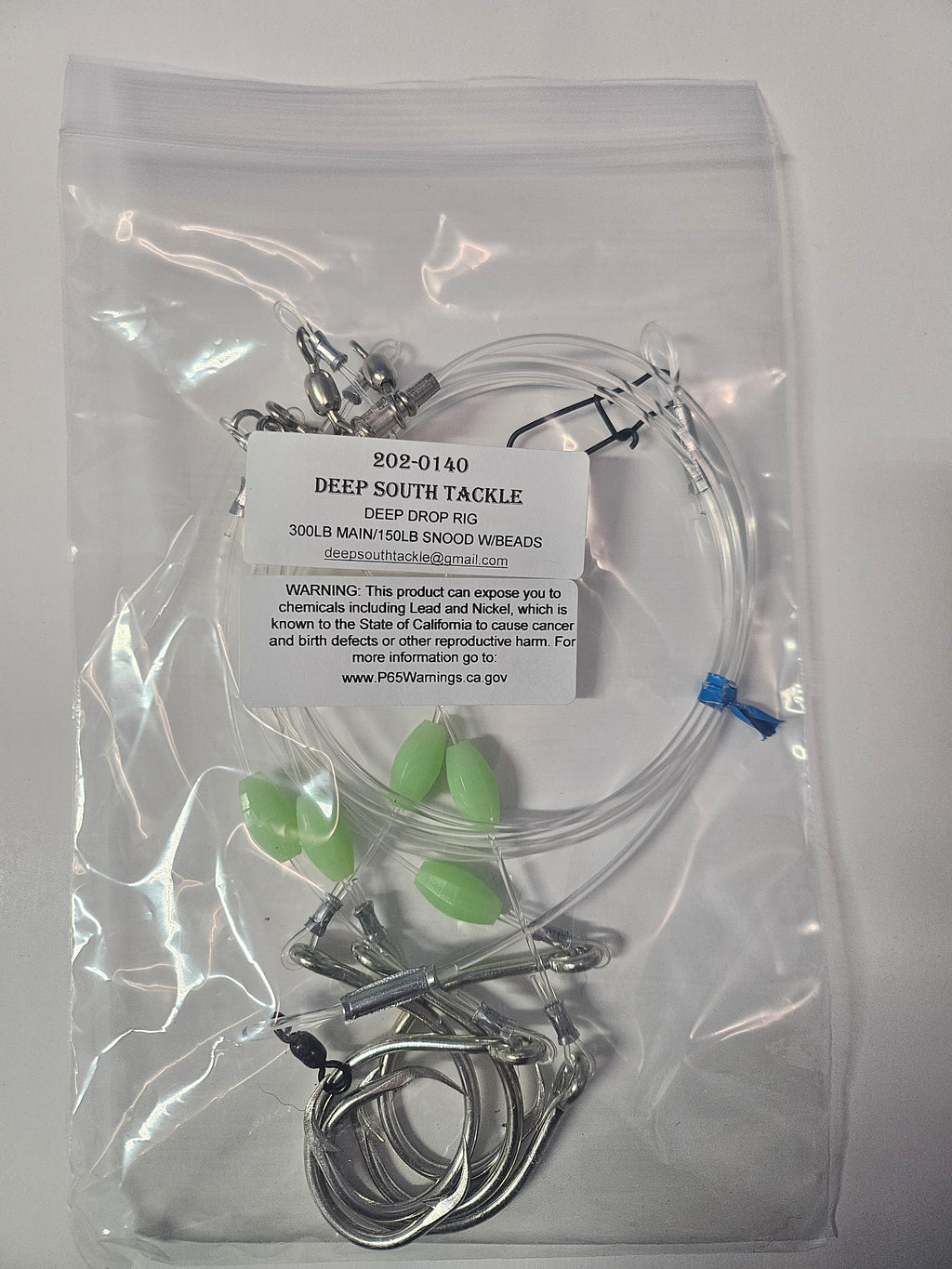 5-Hook Deep Drop Rig - 150lb Snoods - Luminous Beads - 14/0 Circle Hooks