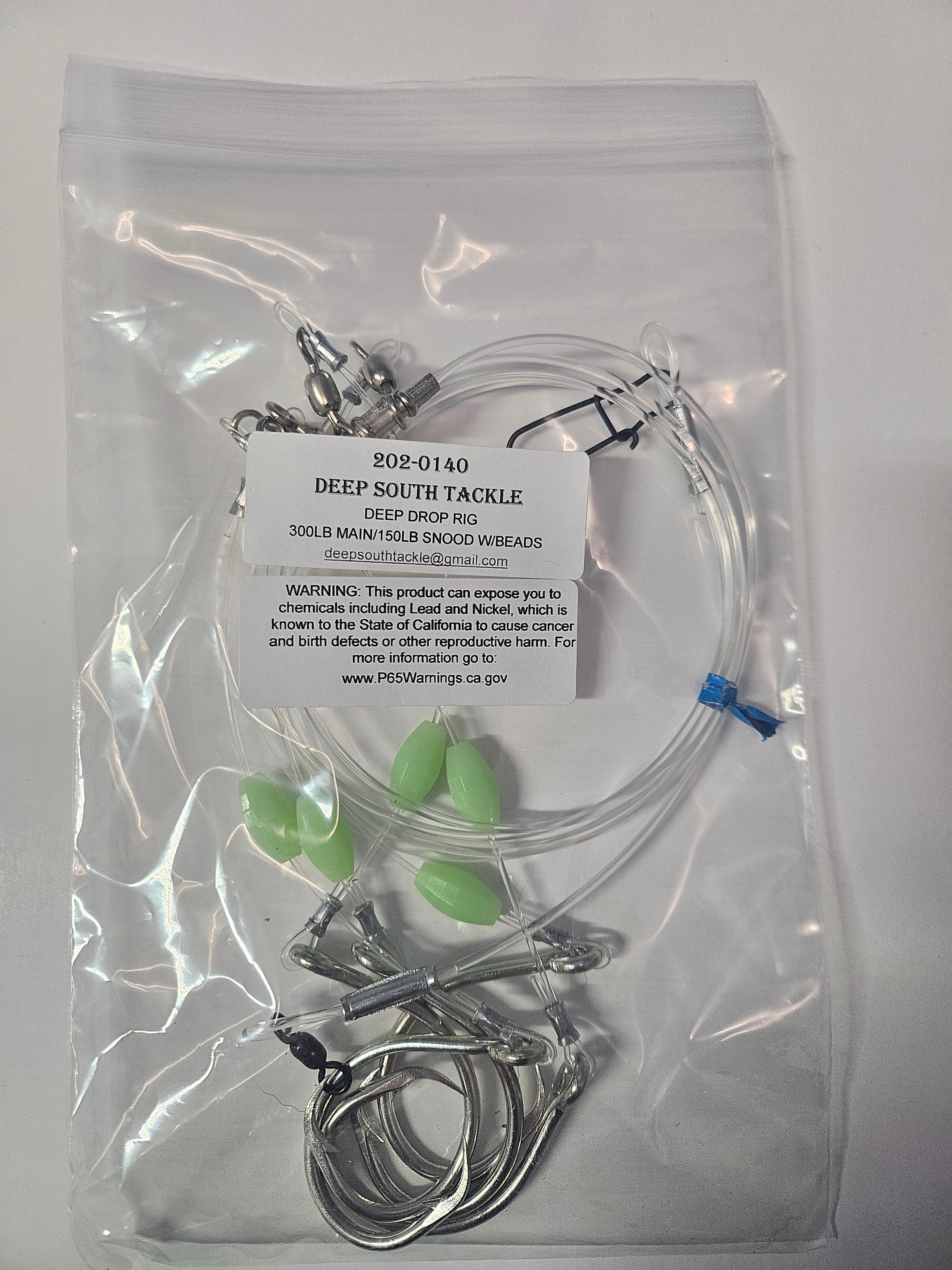 5-Hook Deep Drop Rig - 150lb Snoods - Luminous Beads - 14/0 Circle Hooks