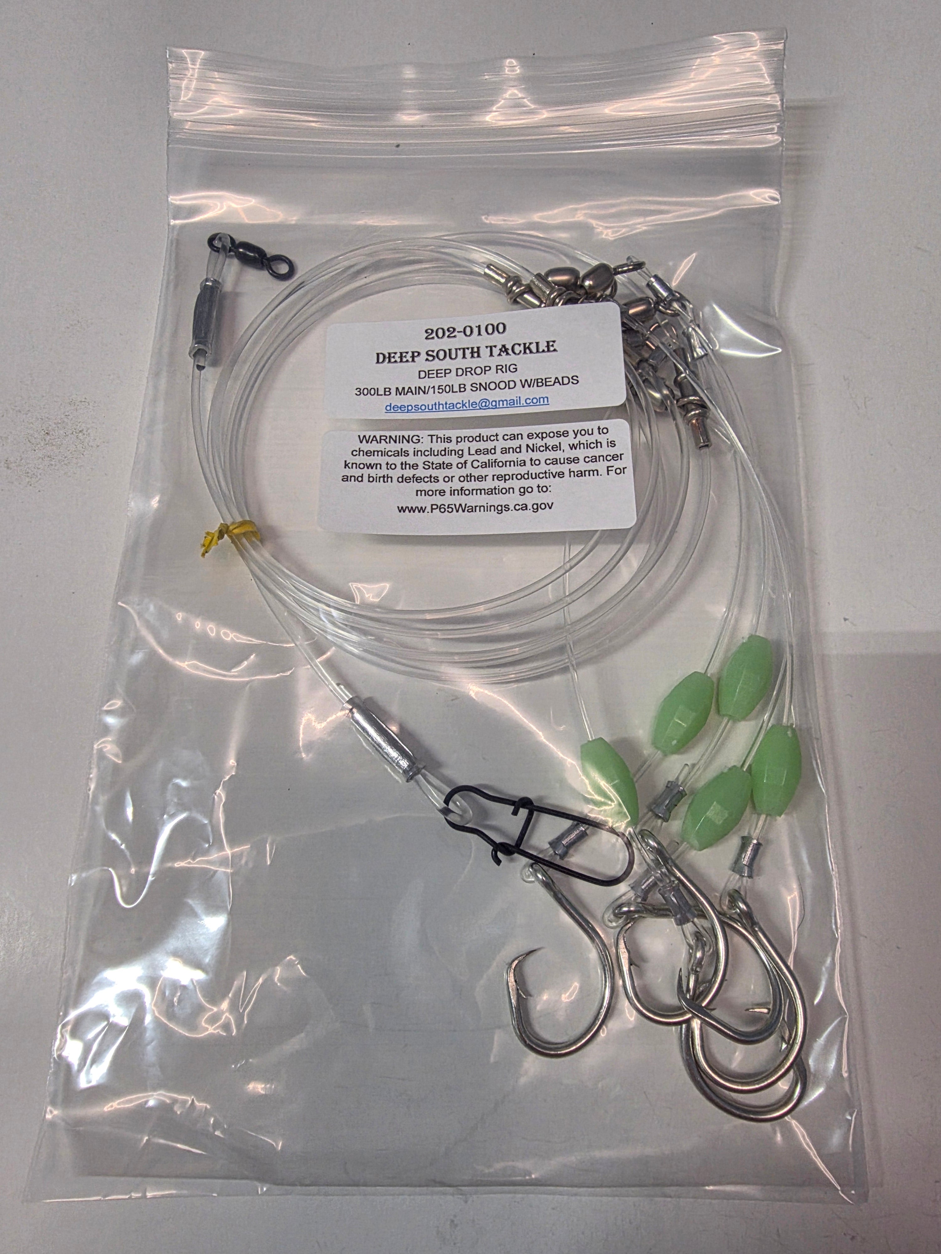 5-Hook Deep Drop Rig - 150lb Snoods - Luminous Beads - 10/0 Circle Hooks