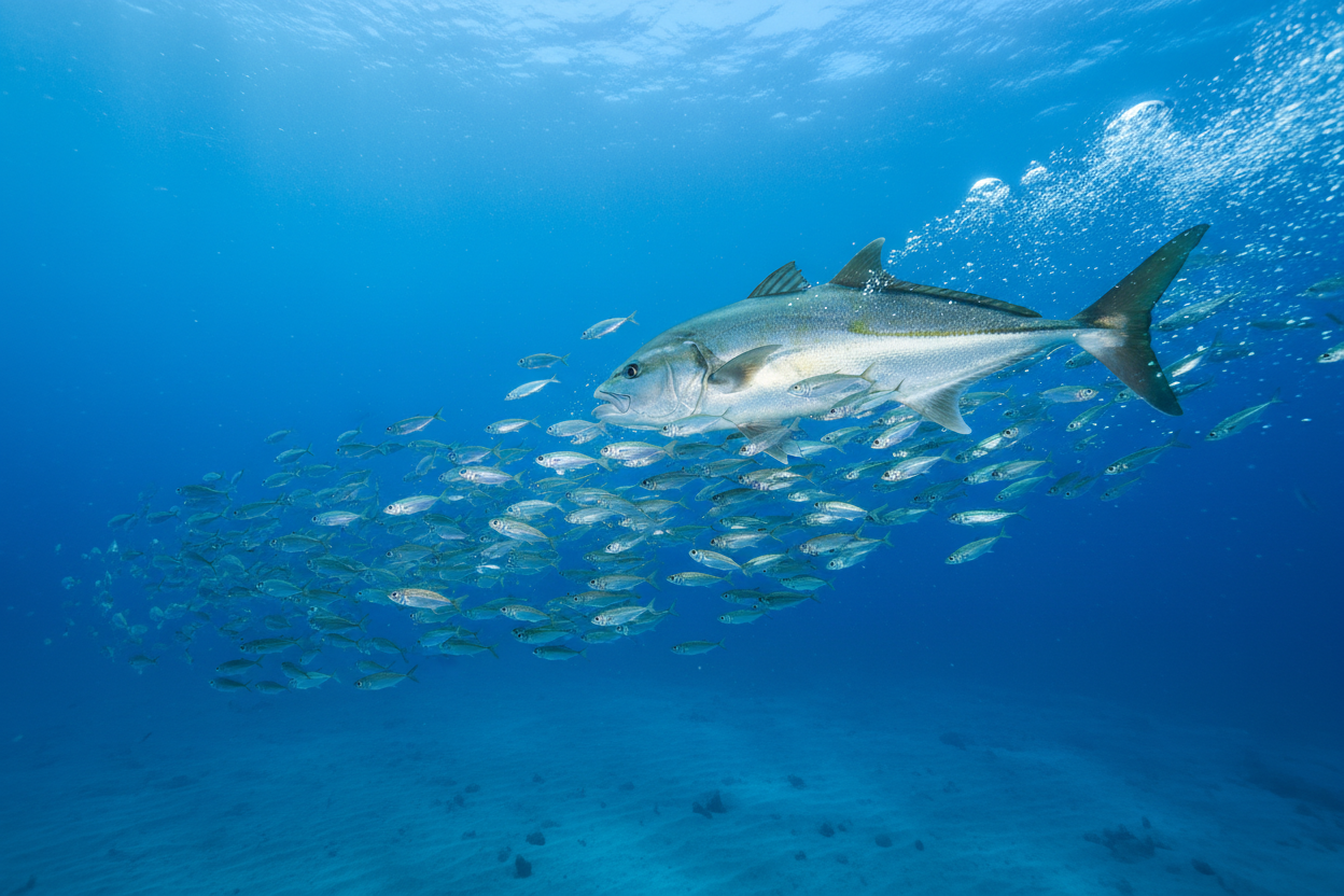 amberjack chasing bait