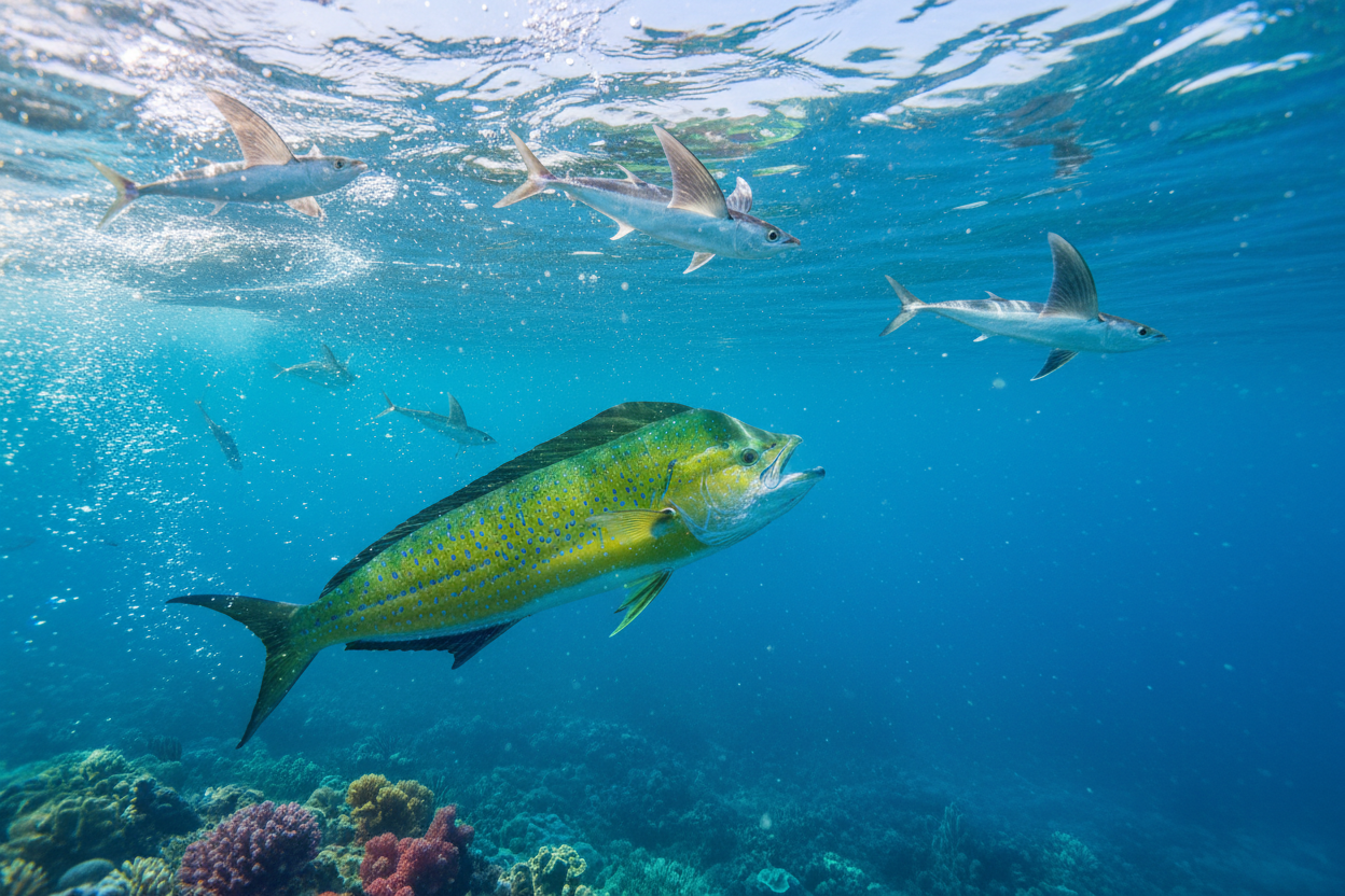 mahi mahi chasing flying fish